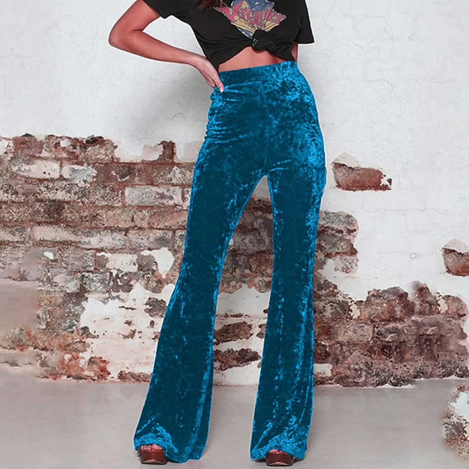 Akklian Women's High Waist Wide Leg Long Palazzo Bell Bottom Yoga Pants Velvet Elastic Waist Flare Leg Trendy Long Trousers