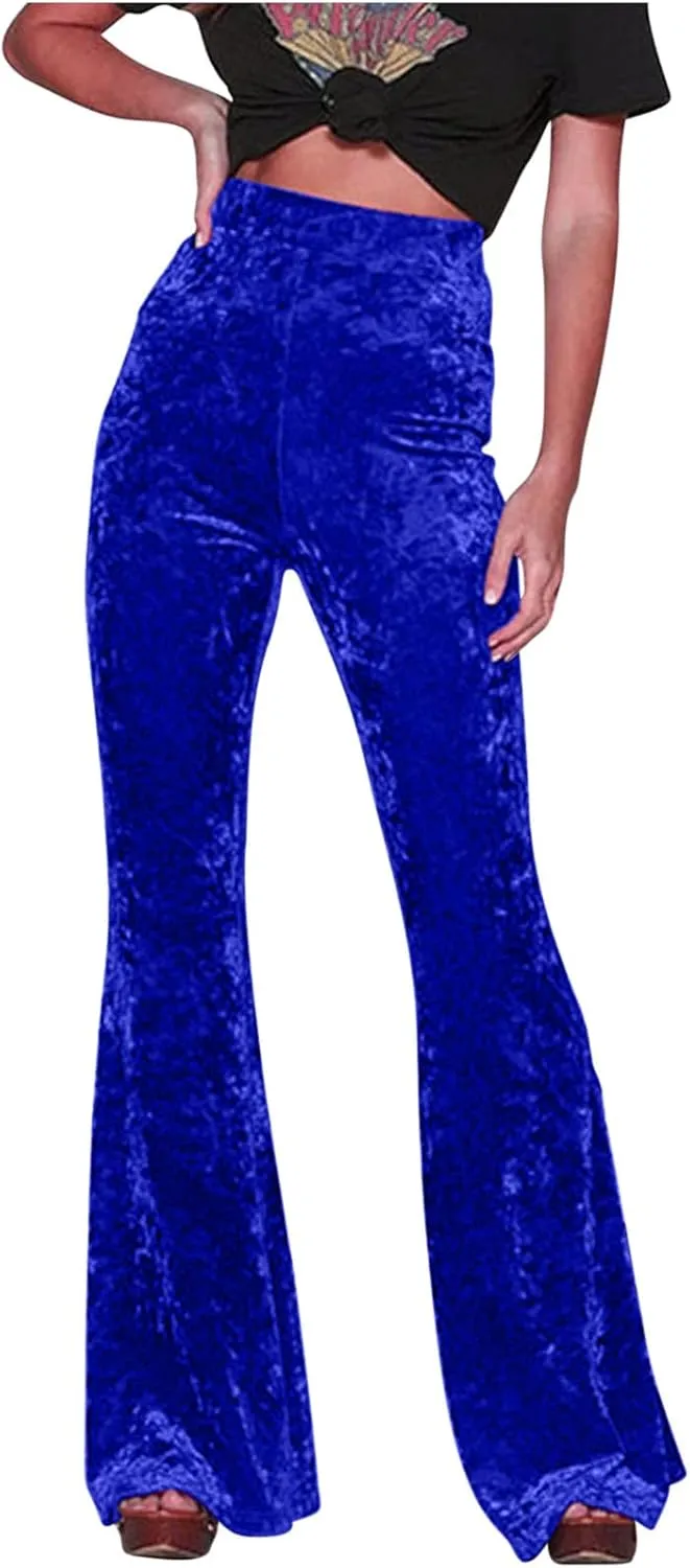 Akklian Women's High Waist Wide Leg Long Palazzo Bell Bottom Yoga Pants Velvet Elastic Waist Flare Leg Trendy Long Trousers