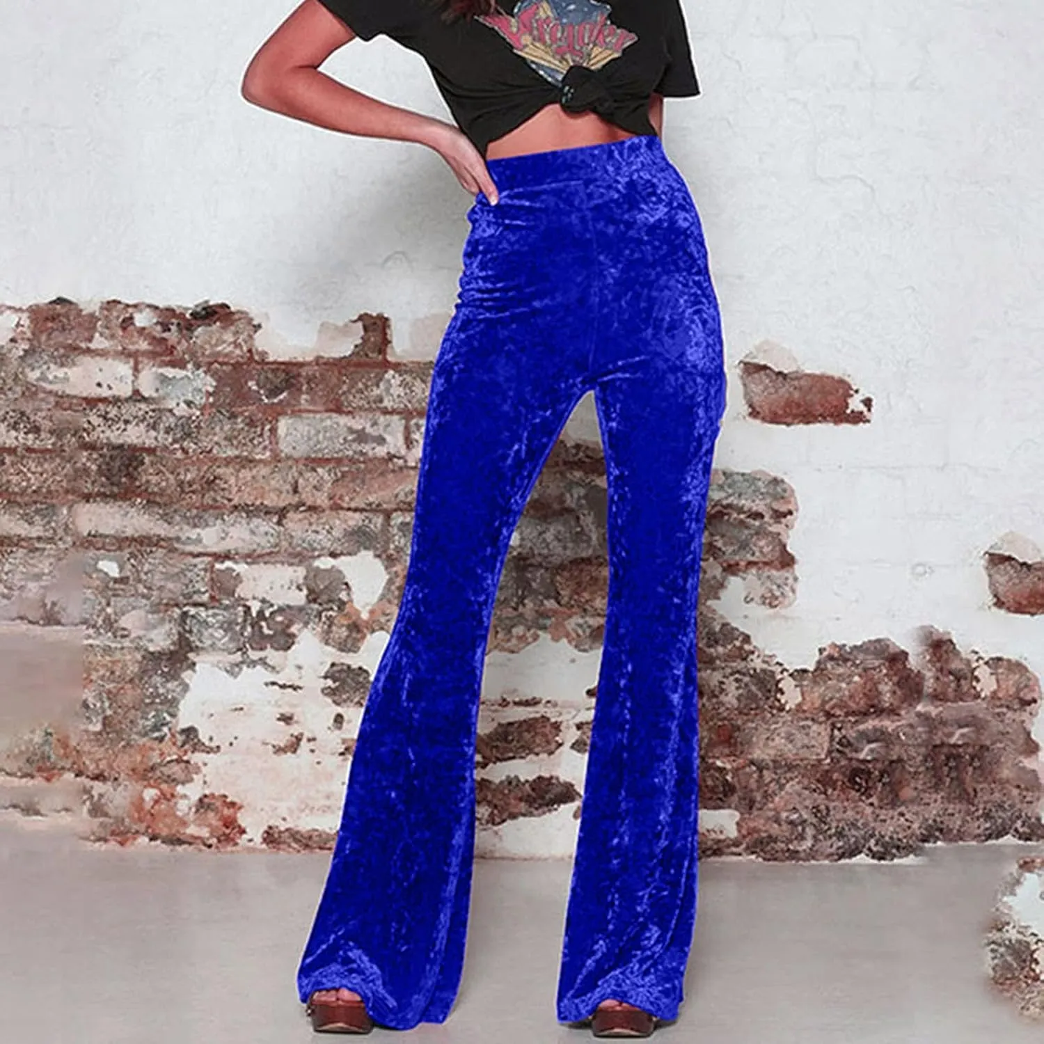 Akklian Women's High Waist Wide Leg Long Palazzo Bell Bottom Yoga Pants Velvet Elastic Waist Flare Leg Trendy Long Trousers