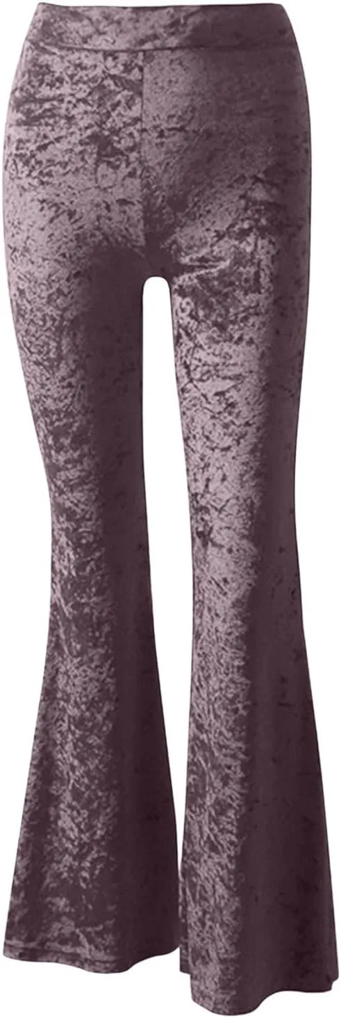 Akklian Women's High Waist Wide Leg Long Palazzo Bell Bottom Yoga Pants Velvet Elastic Waist Flare Leg Trendy Long Trousers
