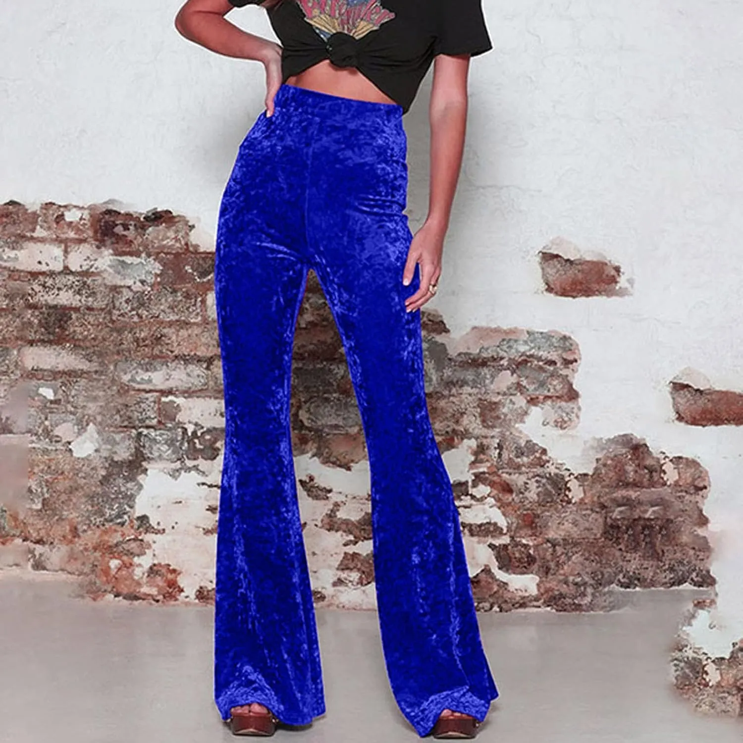 Akklian Women's High Waist Wide Leg Long Palazzo Bell Bottom Yoga Pants Velvet Elastic Waist Flare Leg Trendy Long Trousers
