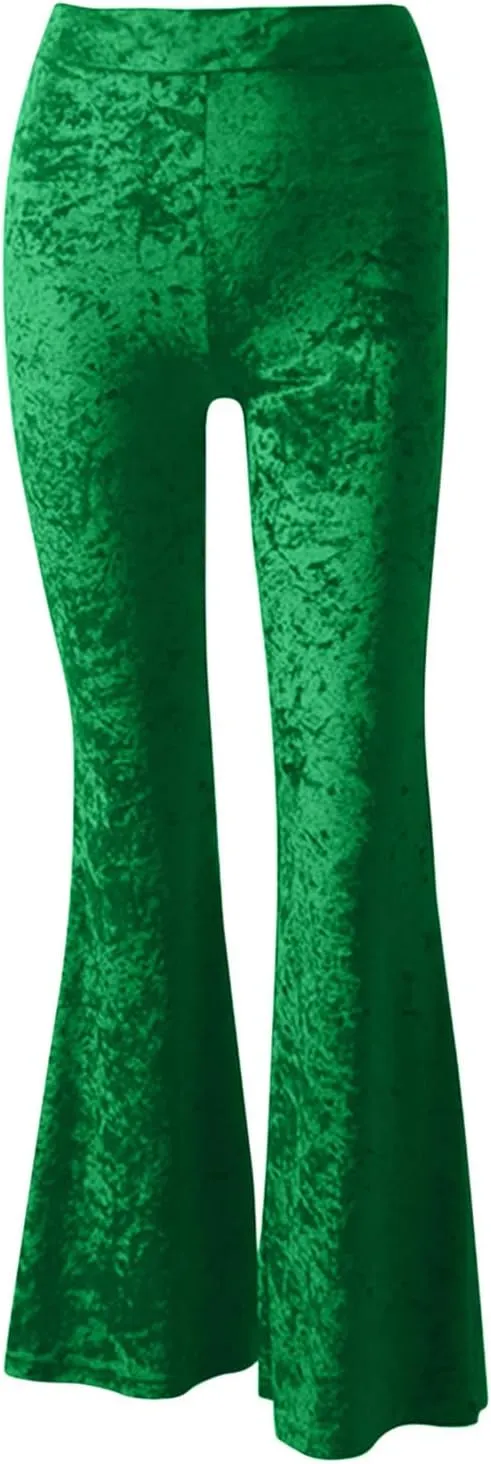 Akklian Women's High Waist Wide Leg Long Palazzo Bell Bottom Yoga Pants Velvet Elastic Waist Flare Leg Trendy Long Trousers
