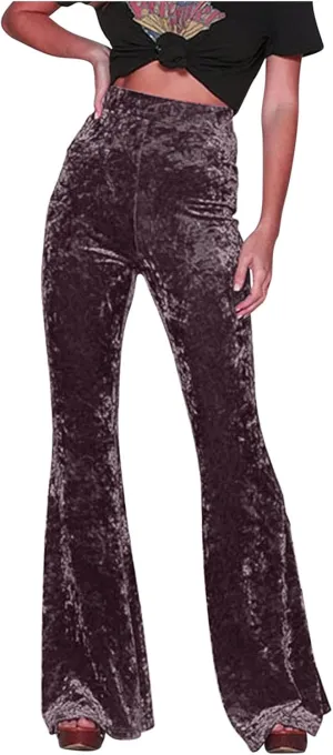 Akklian Women's High Waist Wide Leg Long Palazzo Bell Bottom Yoga Pants Velvet Elastic Waist Flare Leg Trendy Long Trousers