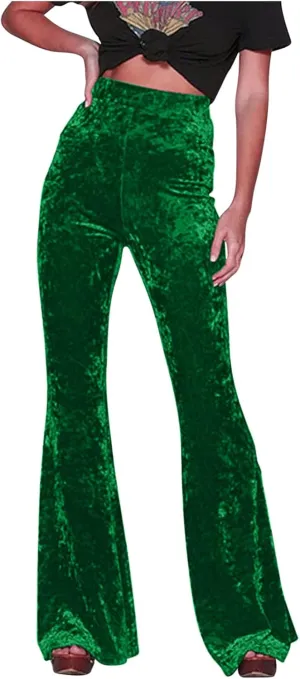 Akklian Women's High Waist Wide Leg Long Palazzo Bell Bottom Yoga Pants Velvet Elastic Waist Flare Leg Trendy Long Trousers