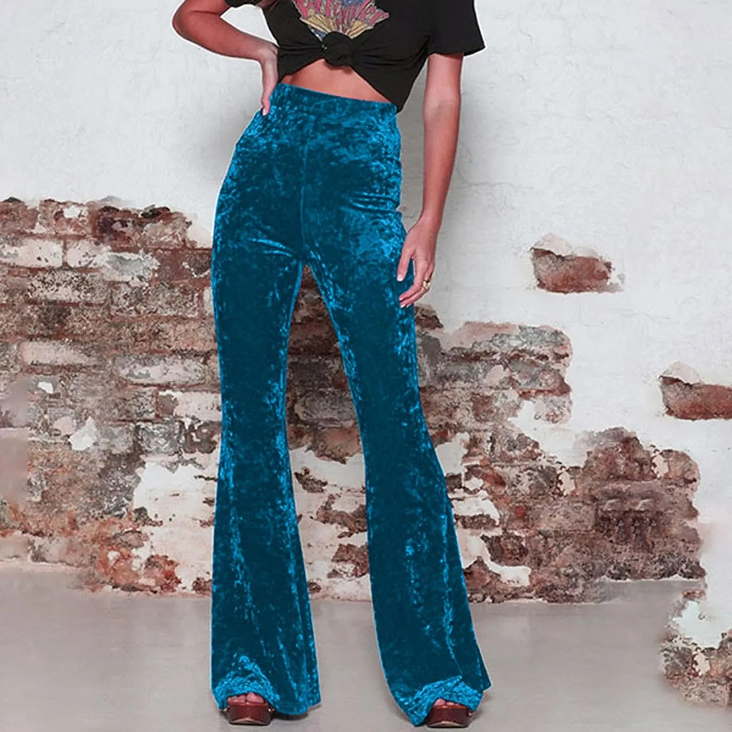 Akklian Women's High Waist Wide Leg Long Palazzo Bell Bottom Yoga Pants Velvet Elastic Waist Flare Leg Trendy Long Trousers