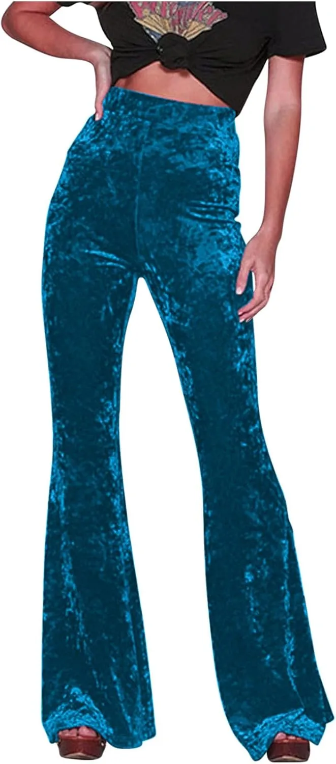 Akklian Women's High Waist Wide Leg Long Palazzo Bell Bottom Yoga Pants Velvet Elastic Waist Flare Leg Trendy Long Trousers