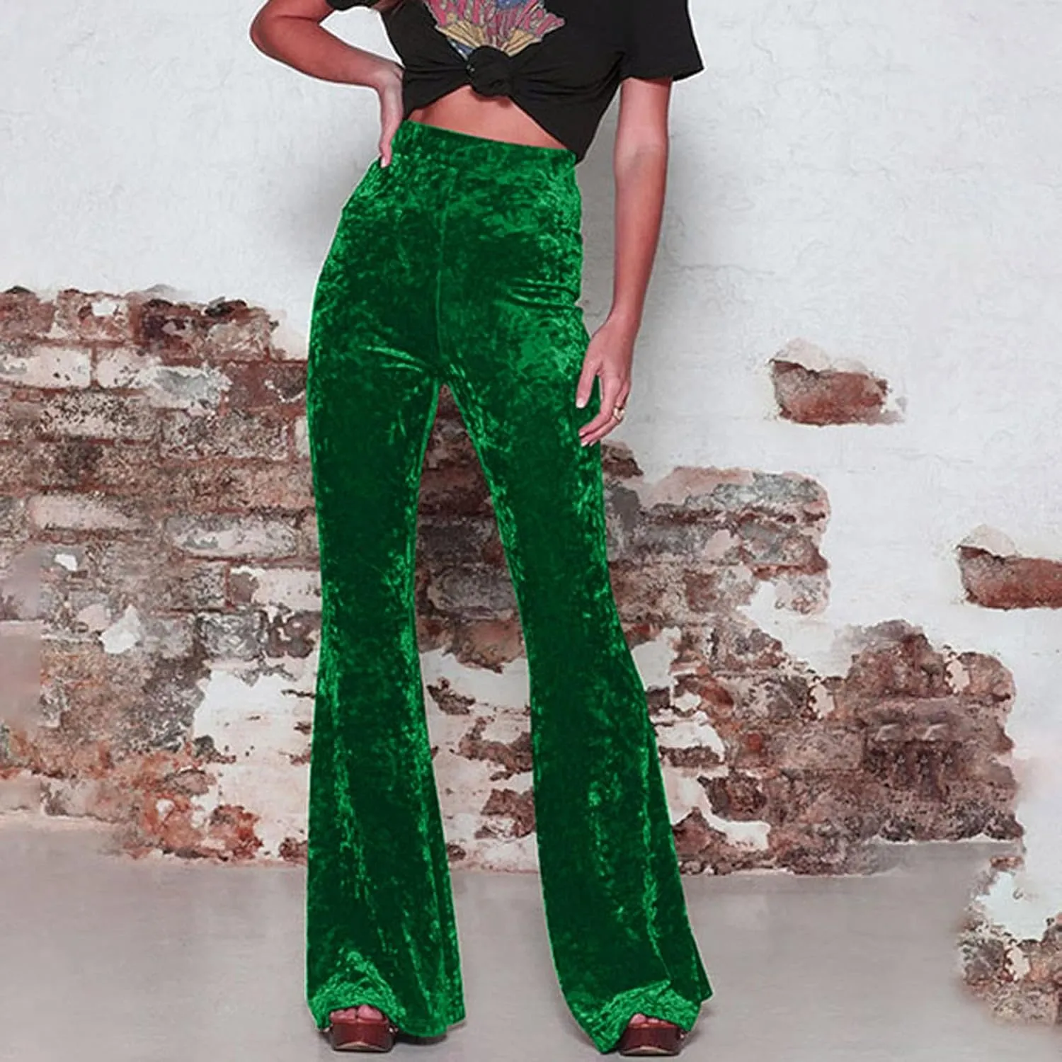 Akklian Women's High Waist Wide Leg Long Palazzo Bell Bottom Yoga Pants Velvet Elastic Waist Flare Leg Trendy Long Trousers