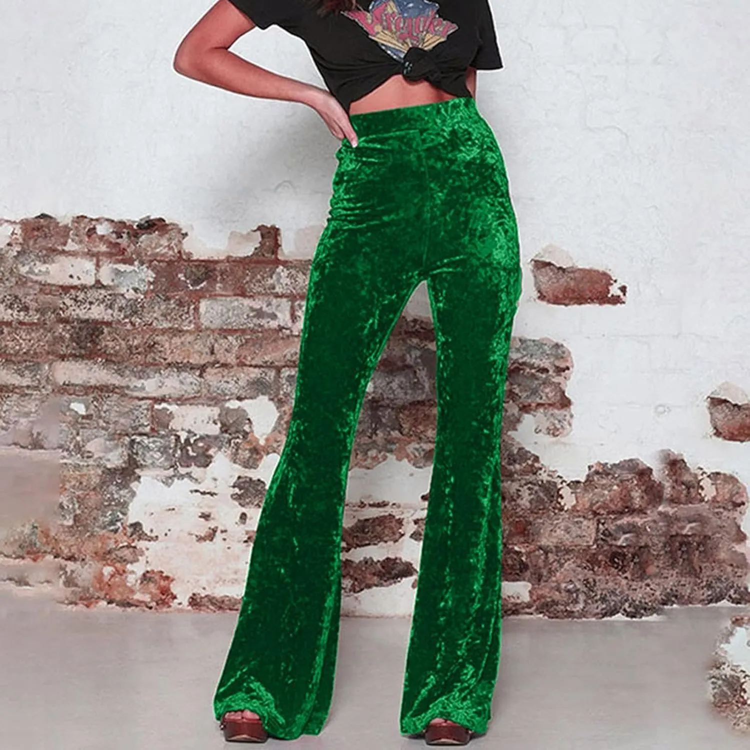 Akklian Women's High Waist Wide Leg Long Palazzo Bell Bottom Yoga Pants Velvet Elastic Waist Flare Leg Trendy Long Trousers