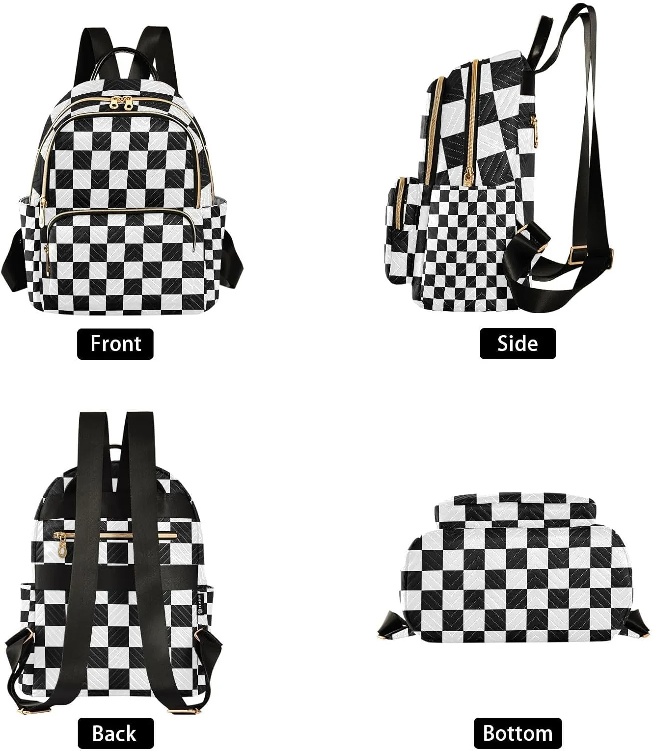 ALAZA Small Backpack Purse Black White Checkered Quilted Backpack for Women Teen Girls Fashion Daypack Ladies Bookbag Travel Work Daily Rucksack