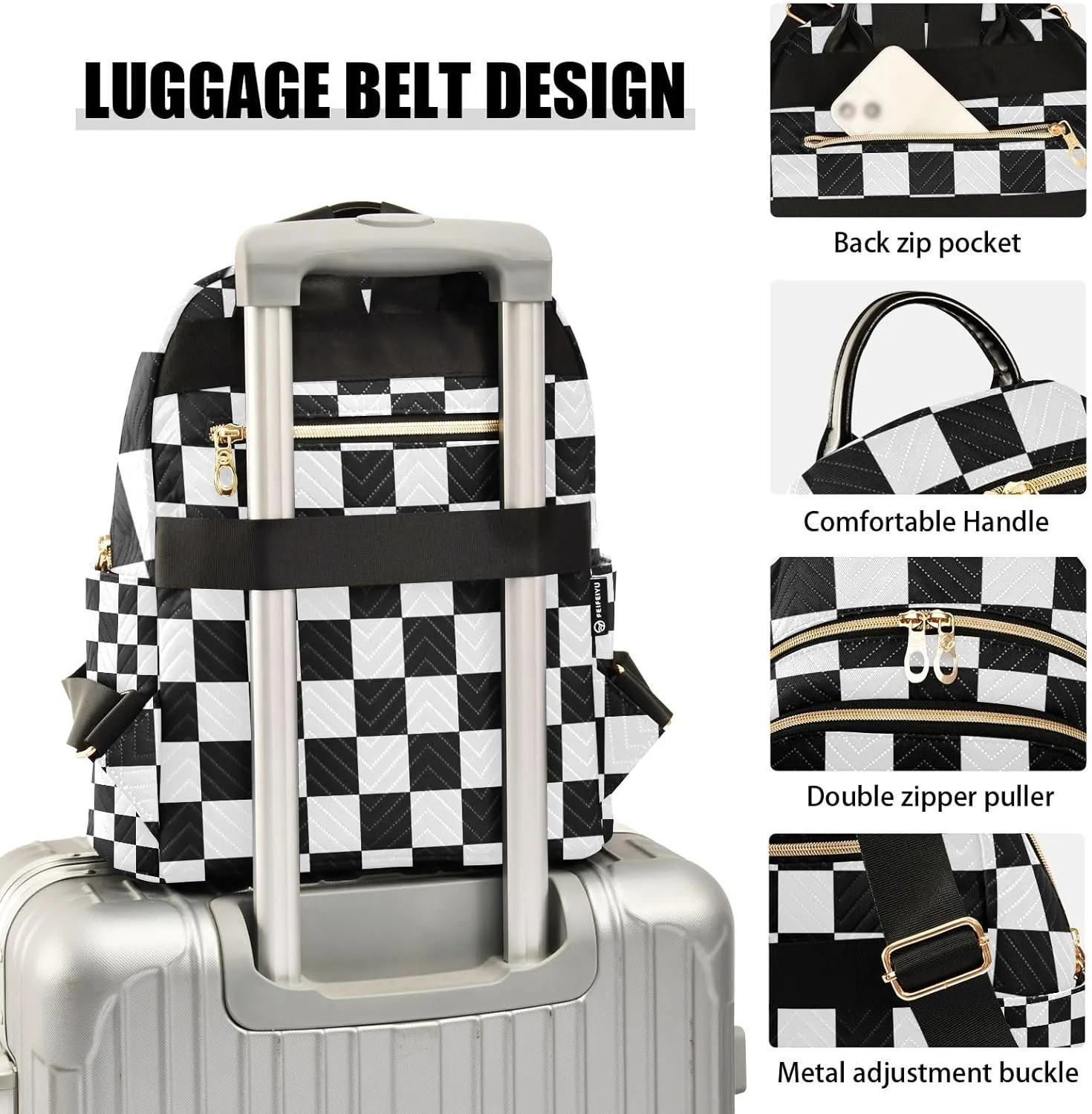 ALAZA Small Backpack Purse Black White Checkered Quilted Backpack for Women Teen Girls Fashion Daypack Ladies Bookbag Travel Work Daily Rucksack