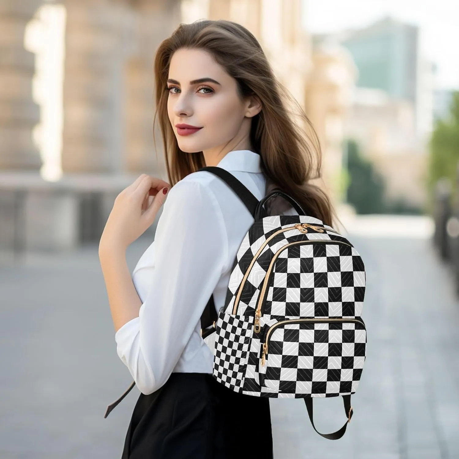 ALAZA Small Backpack Purse Black White Checkered Quilted Backpack for Women Teen Girls Fashion Daypack Ladies Bookbag Travel Work Daily Rucksack