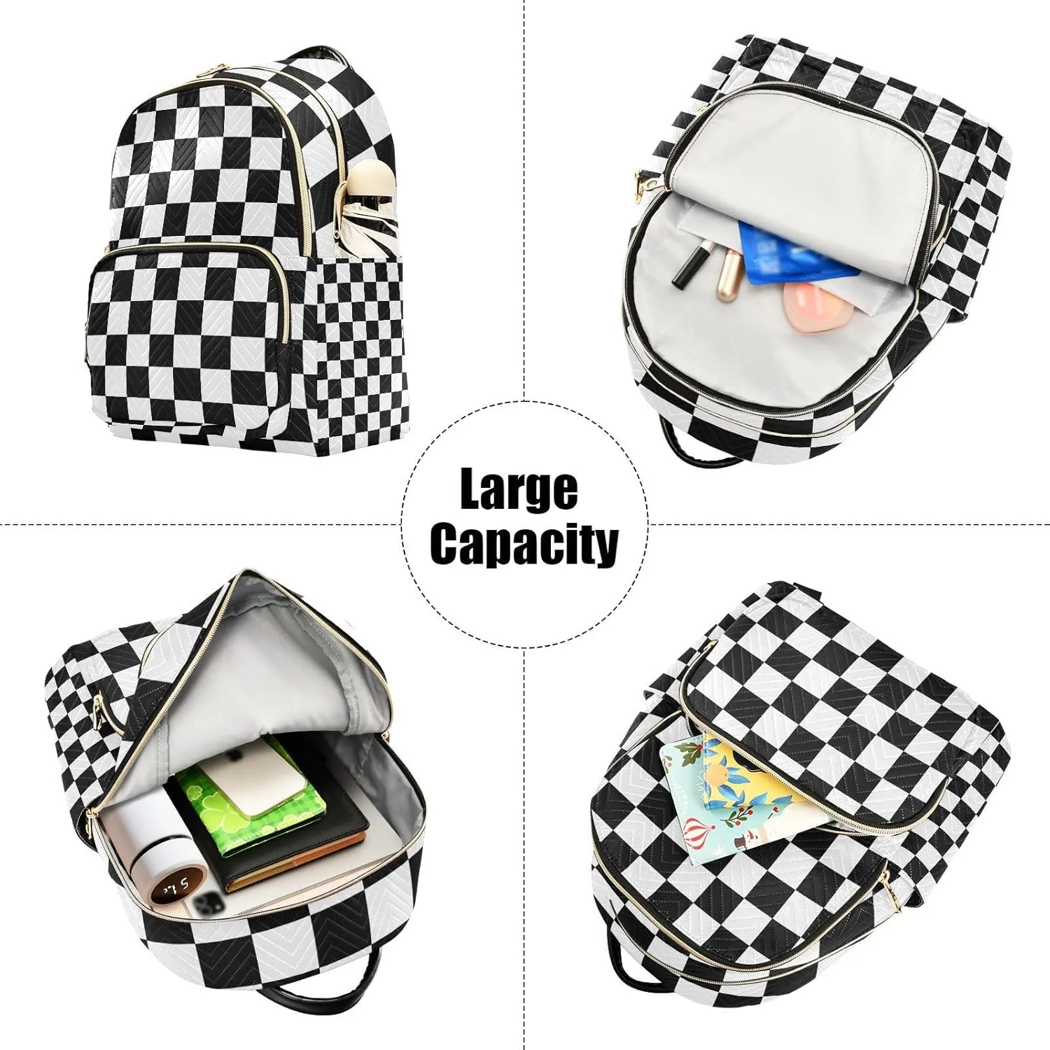 ALAZA Small Backpack Purse Black White Checkered Quilted Backpack for Women Teen Girls Fashion Daypack Ladies Bookbag Travel Work Daily Rucksack