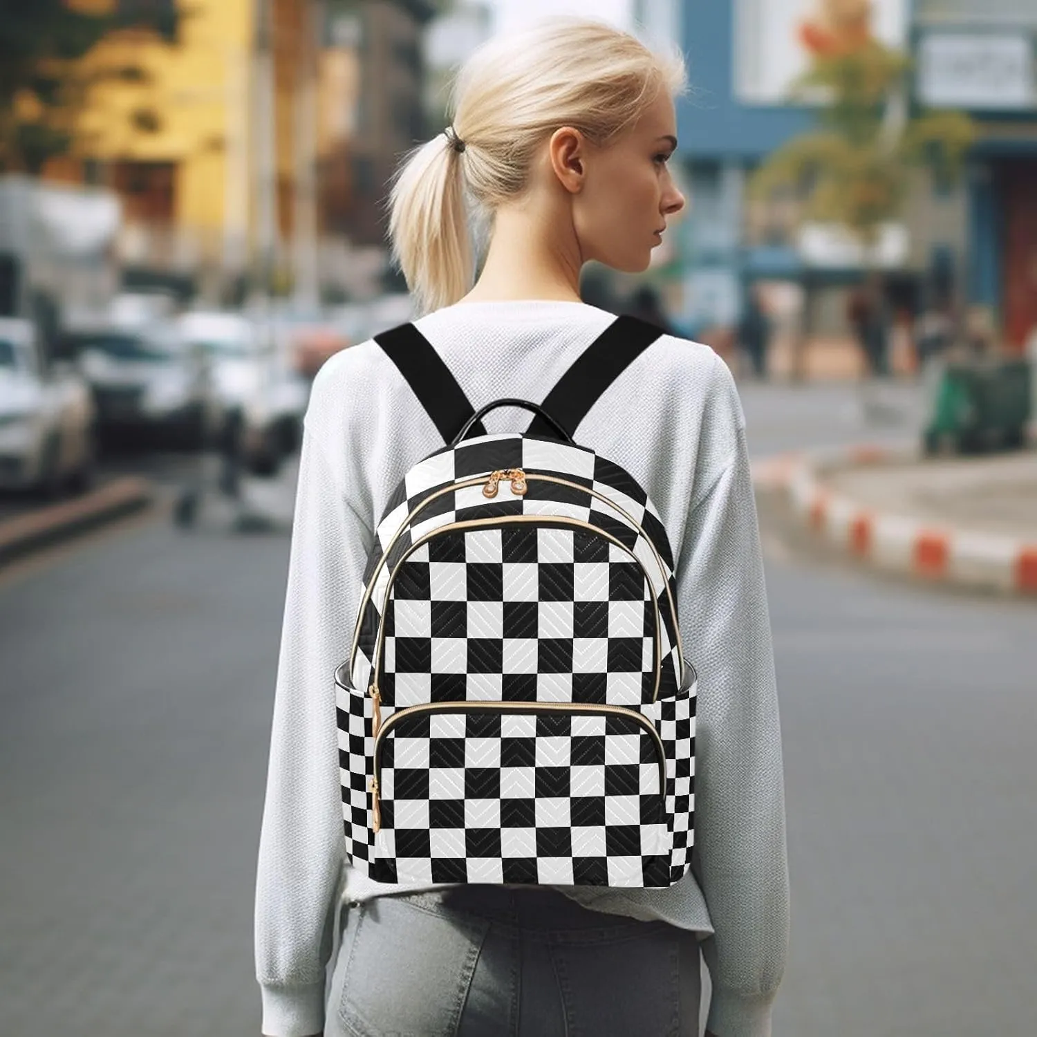 ALAZA Small Backpack Purse Black White Checkered Quilted Backpack for Women Teen Girls Fashion Daypack Ladies Bookbag Travel Work Daily Rucksack