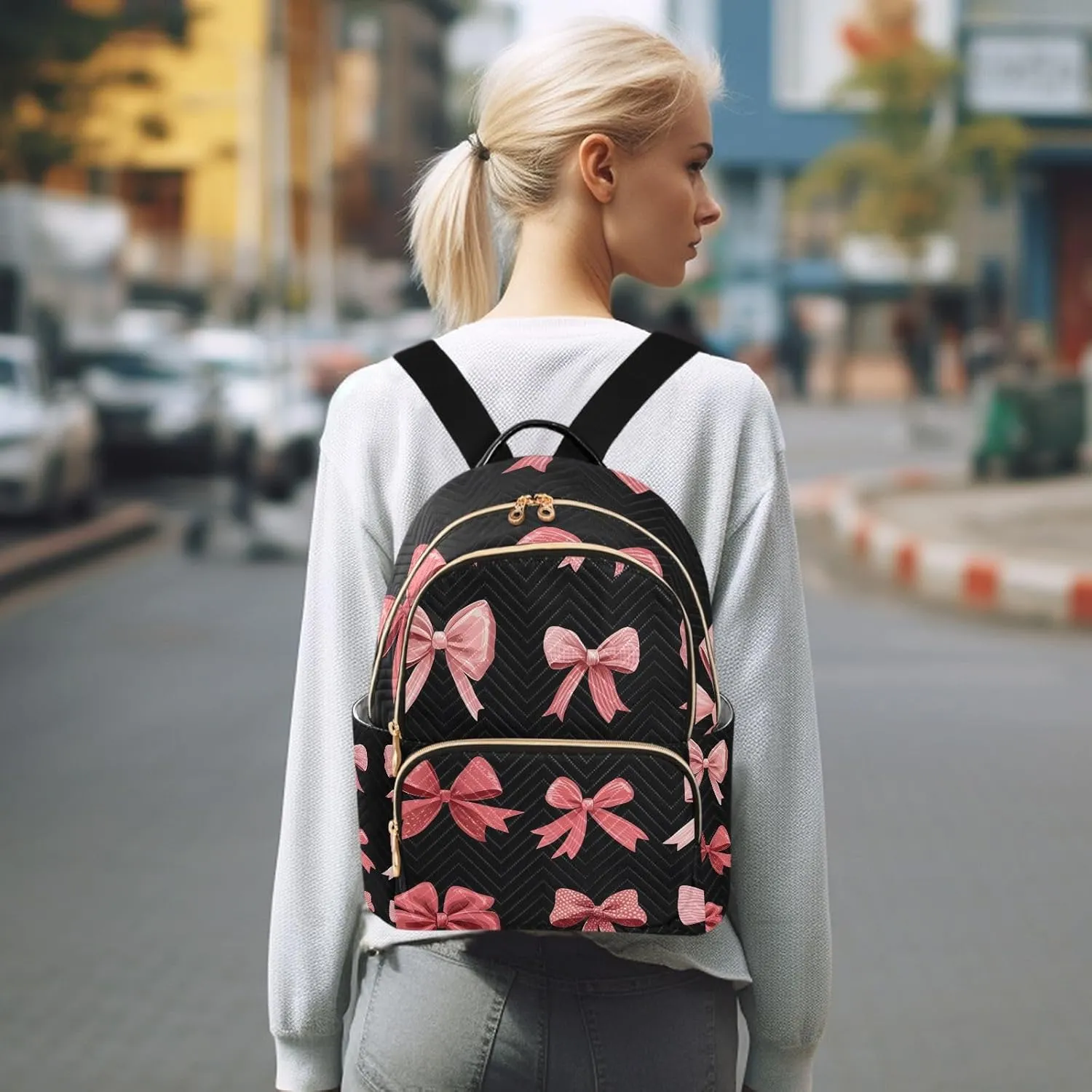 ALAZA Small Backpack Purse Pink Red Bow Black Quilted Backpack for Women Teen Girls Fashion Daypack Ladies Bookbag Work Travel Daily Rucksack