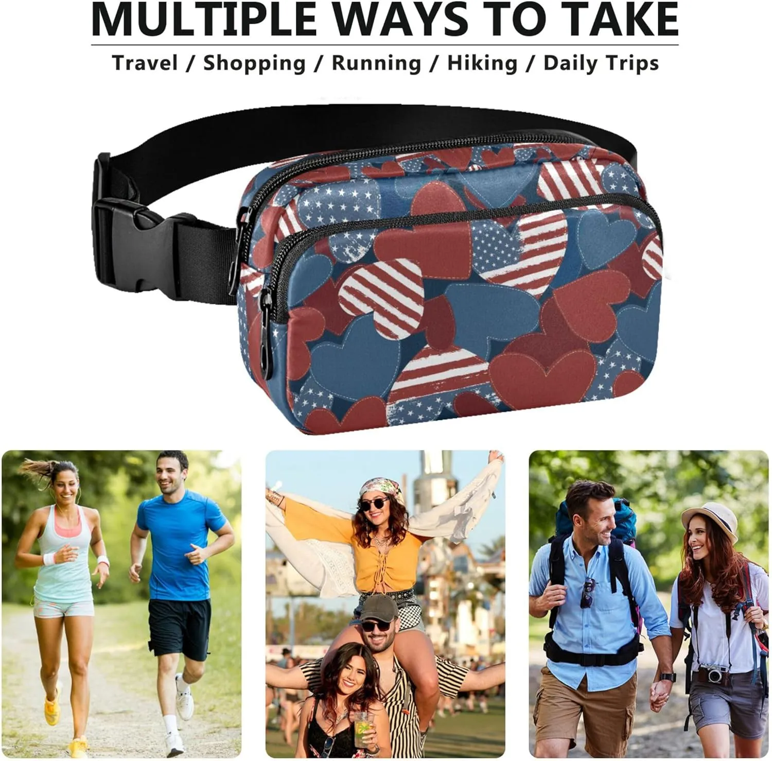 American Flag Hearts Waterproof Fanny Packs for Women Belt Bags Hip Pack Fashion Waist Bag for Women