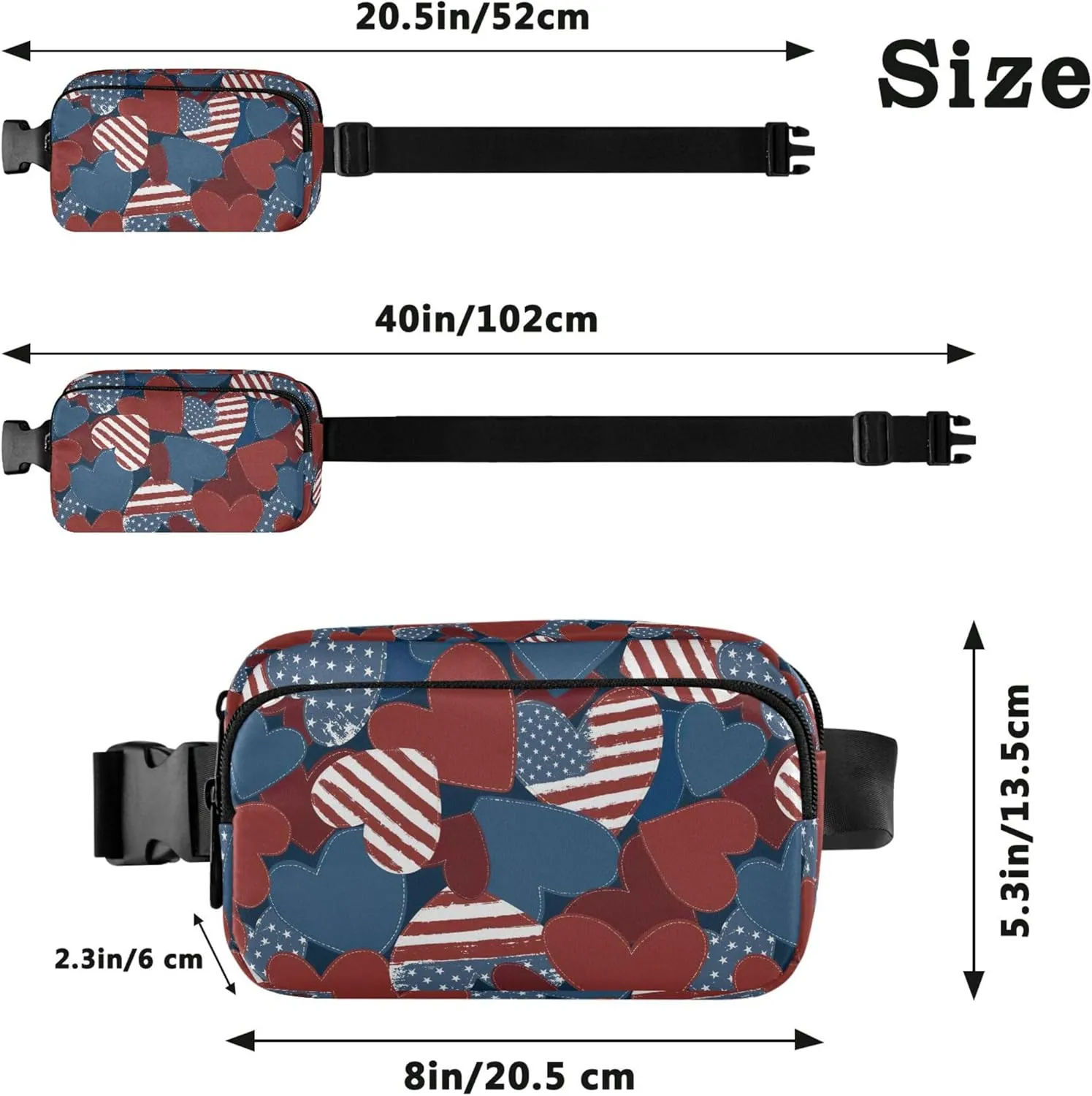 American Flag Hearts Waterproof Fanny Packs for Women Belt Bags Hip Pack Fashion Waist Bag for Women