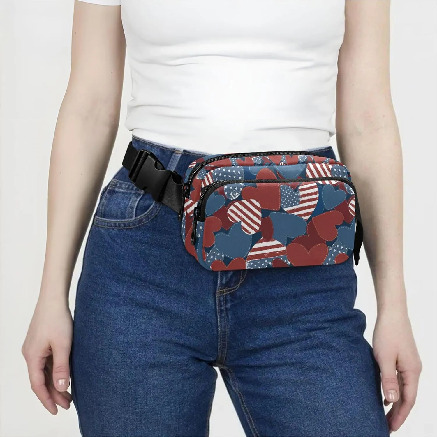 American Flag Hearts Waterproof Fanny Packs for Women Belt Bags Hip Pack Fashion Waist Bag for Women