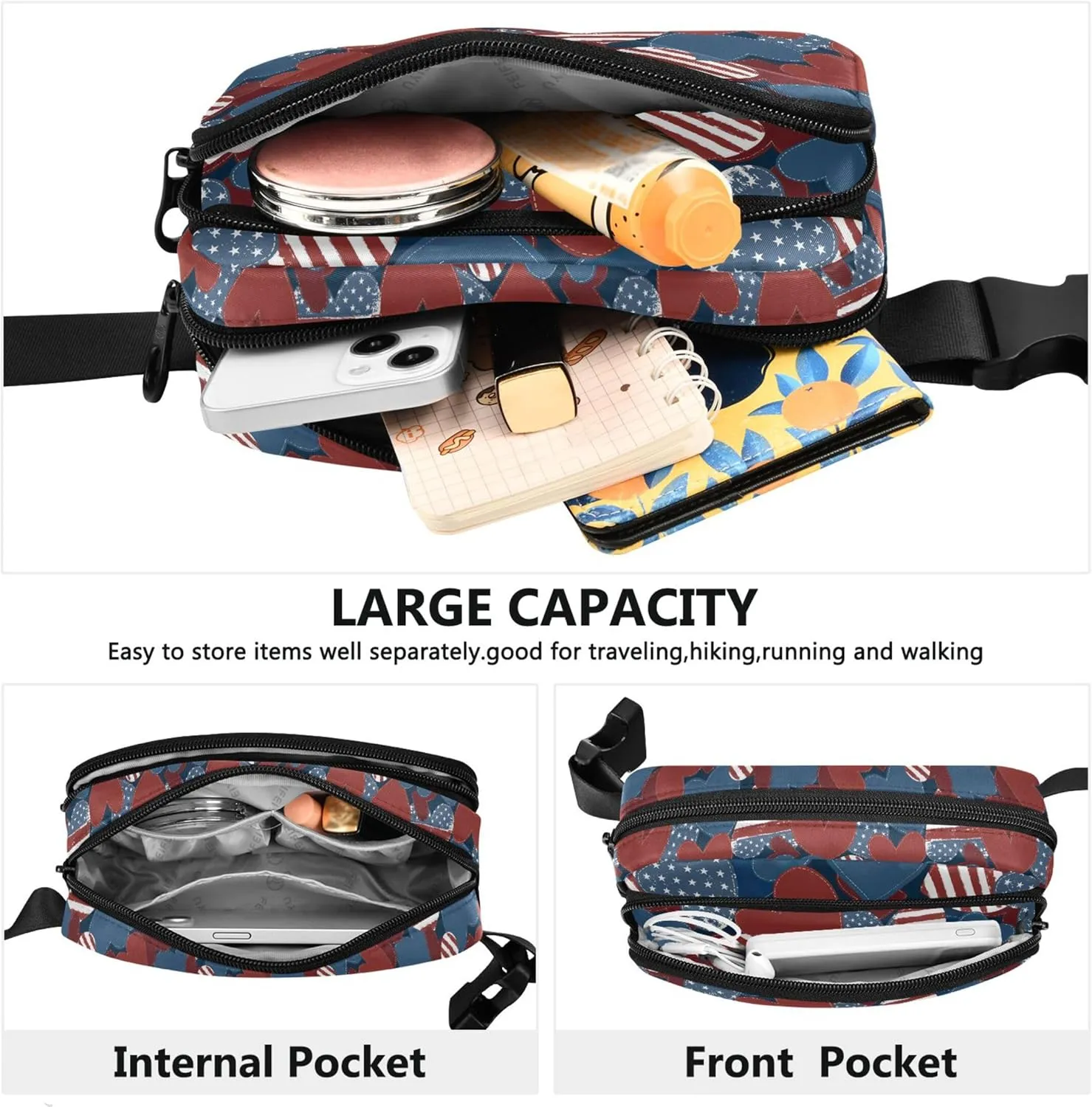 American Flag Hearts Waterproof Fanny Packs for Women Belt Bags Hip Pack Fashion Waist Bag for Women