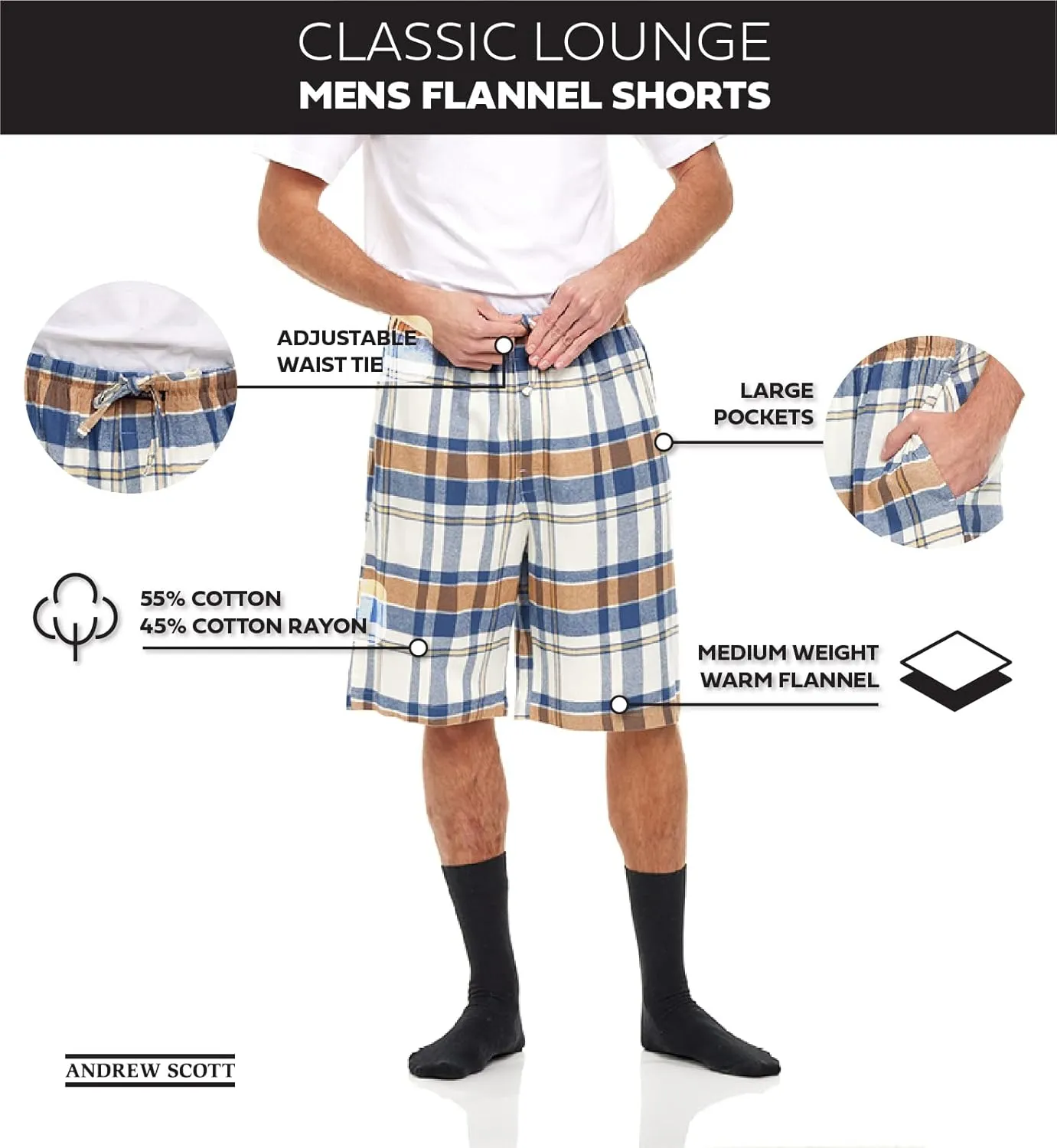 Andrew Scott Men's Cotton Flannel Soft Woven Pajama/Lounge Sleep PJ Shorts -Pack of 2