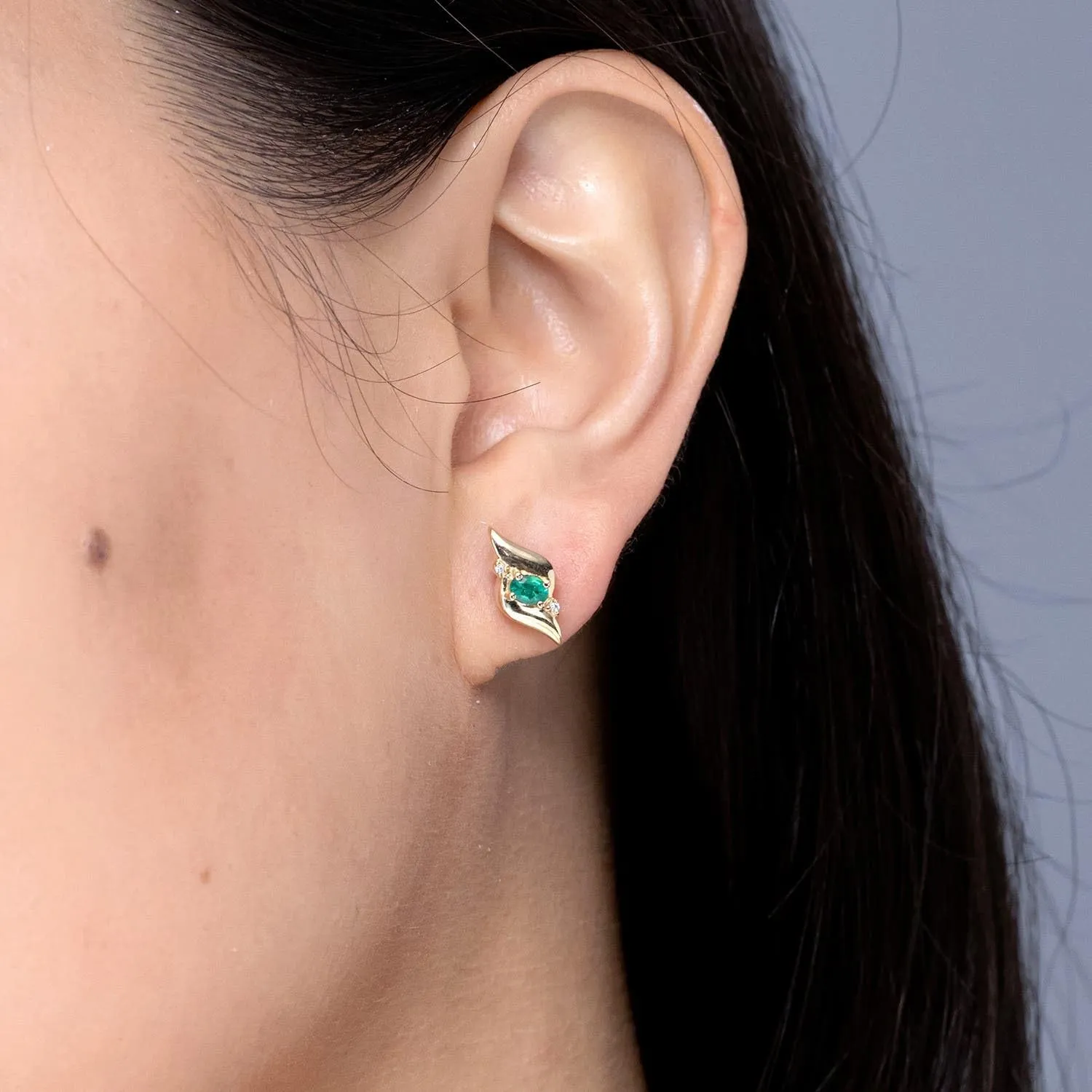 ANGARA Natural Oval Emerald and Diamond Shell Stud Earrings in Silver / 14K Solid Gold/Platinum | May Birthstone, Birthday, Engagement, Anniversary, Wedding Jewelry Gift for Women