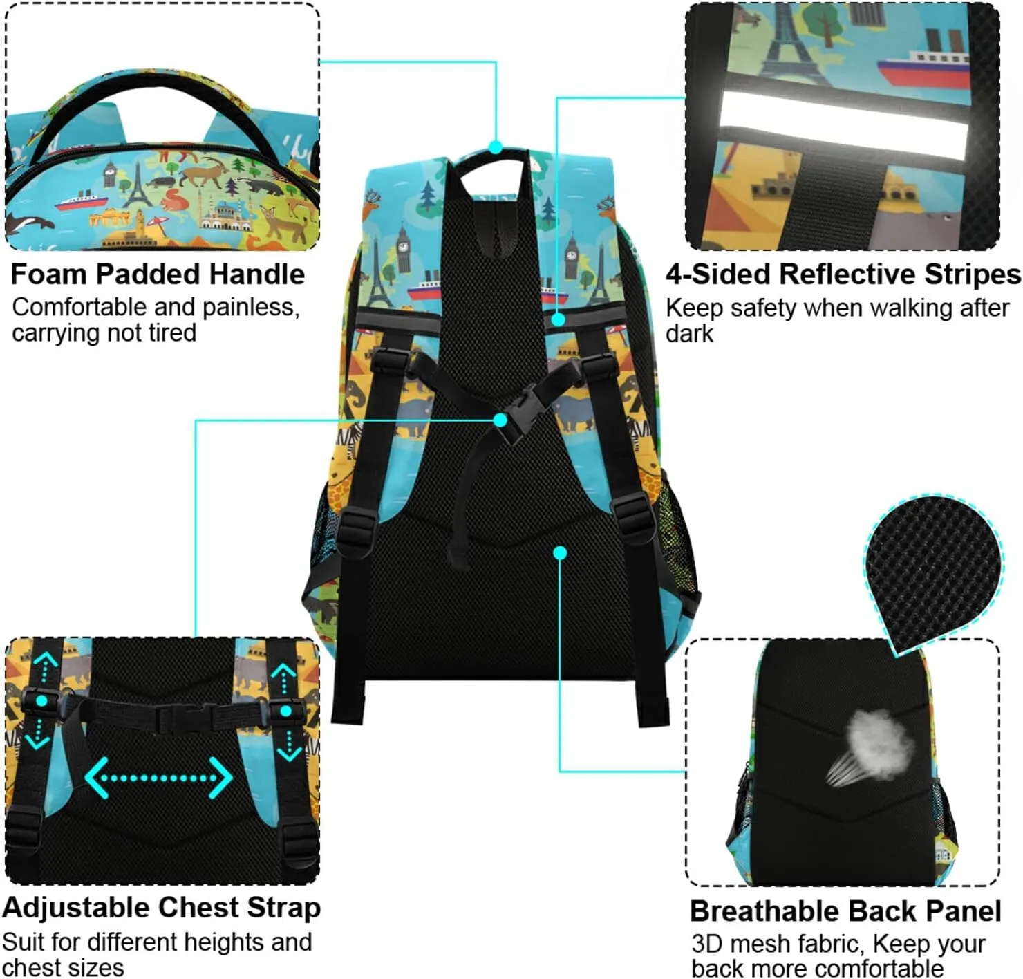 Animal Map America World for Children Kids Backpacks for Girls Boys Elementary School Bag Kids Bookbag Personalized Laptop Travel Daypack Students Rucksack
