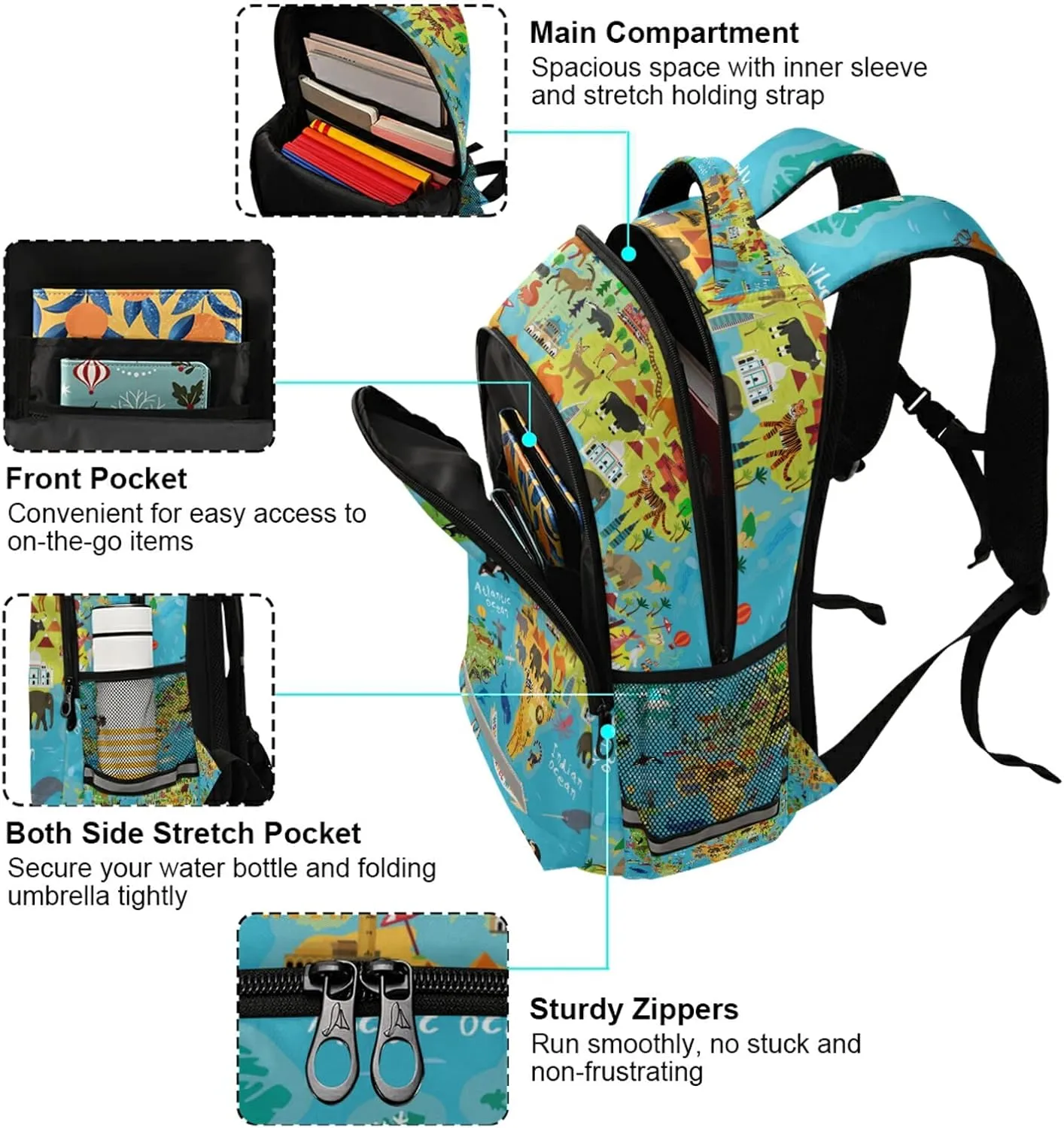 Animal Map America World for Children Kids Backpacks for Girls Boys Elementary School Bag Kids Bookbag Personalized Laptop Travel Daypack Students Rucksack