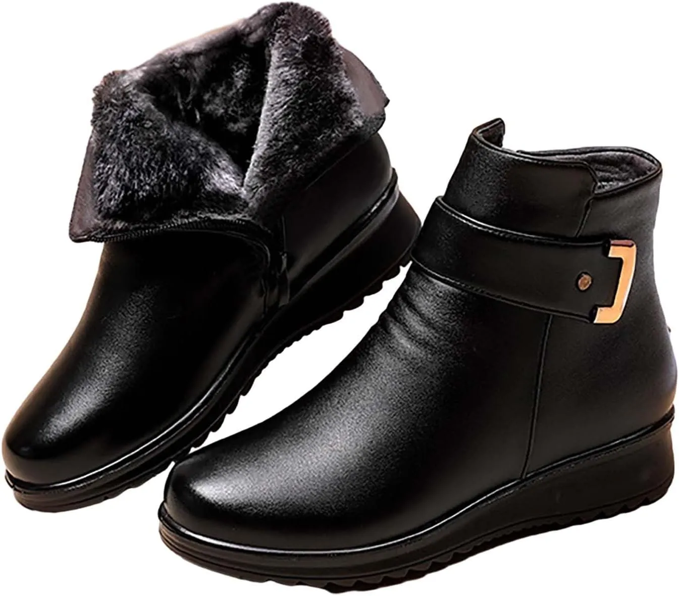 Ankle Boots for Women Waterproof Leahter Warm Fur Lined Snow Boots Lace Up Zipper Lightweight Comfort Winter Booties