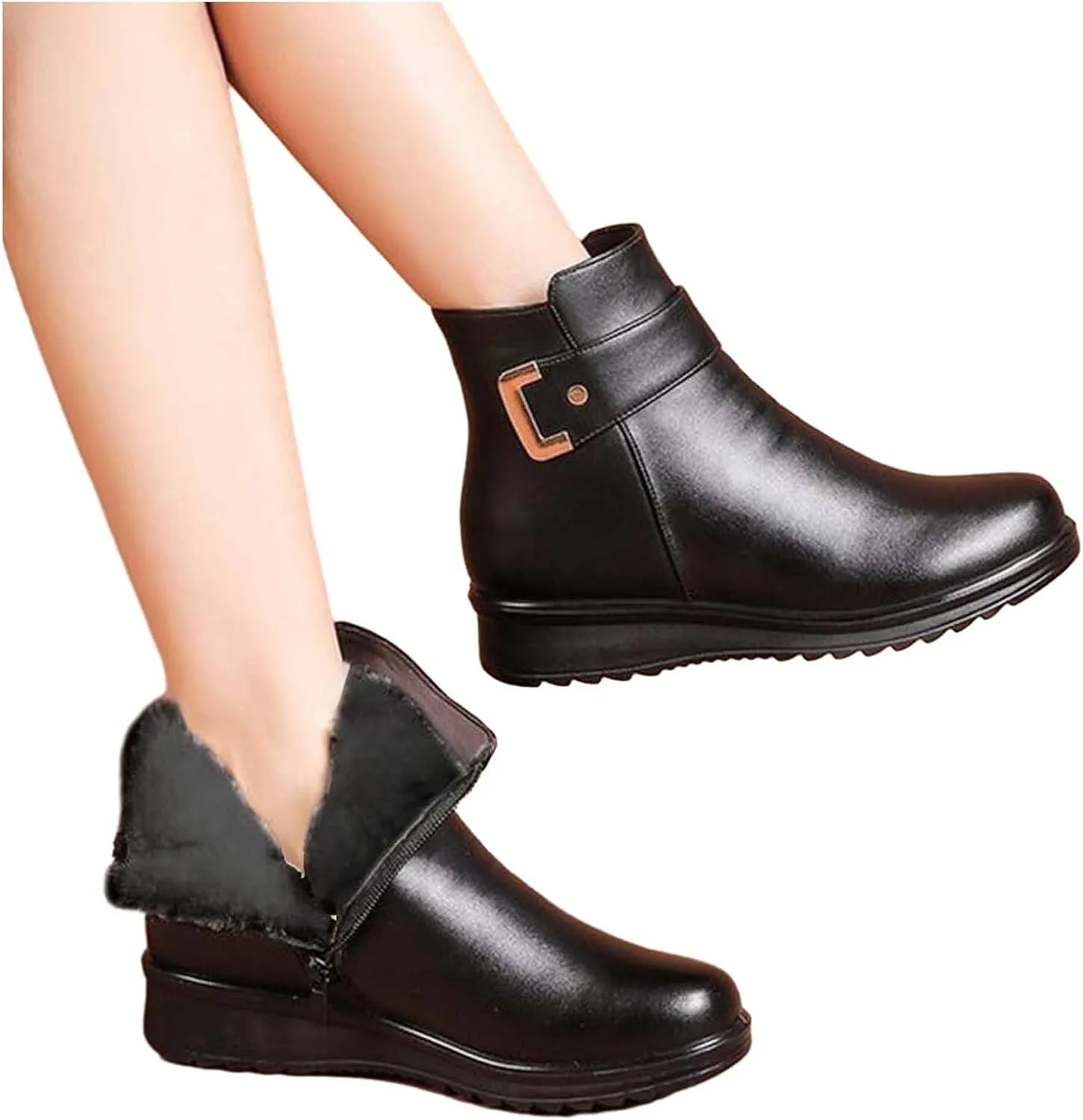 Ankle Boots for Women Waterproof Leahter Warm Fur Lined Snow Boots Lace Up Zipper Lightweight Comfort Winter Booties