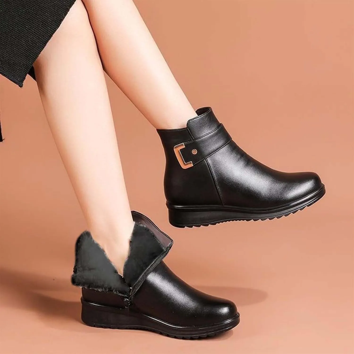Ankle Boots for Women Waterproof Leahter Warm Fur Lined Snow Boots Lace Up Zipper Lightweight Comfort Winter Booties