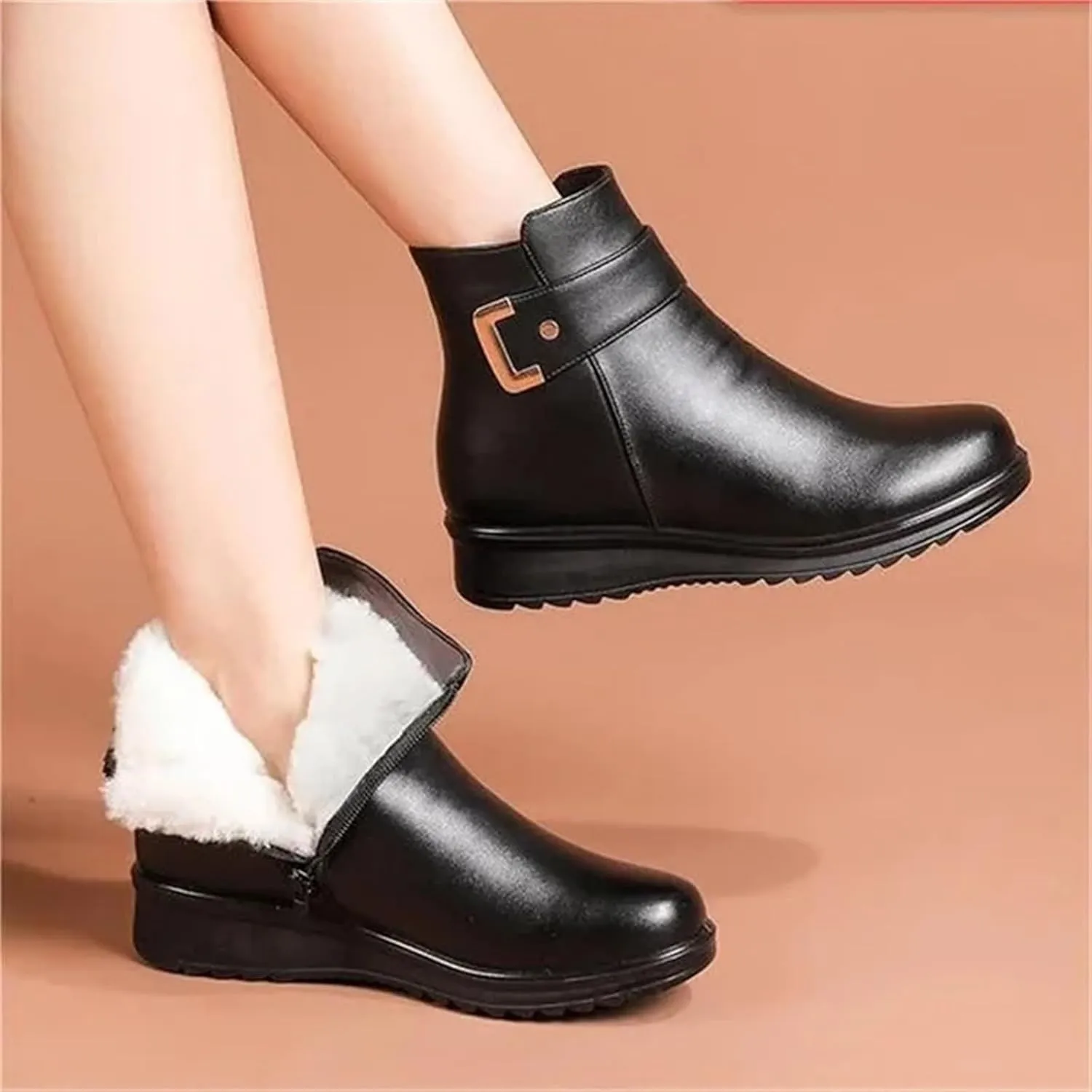 Ankle Boots for Women Waterproof Leahter Warm Fur Lined Snow Boots Lace Up Zipper Lightweight Comfort Winter Booties
