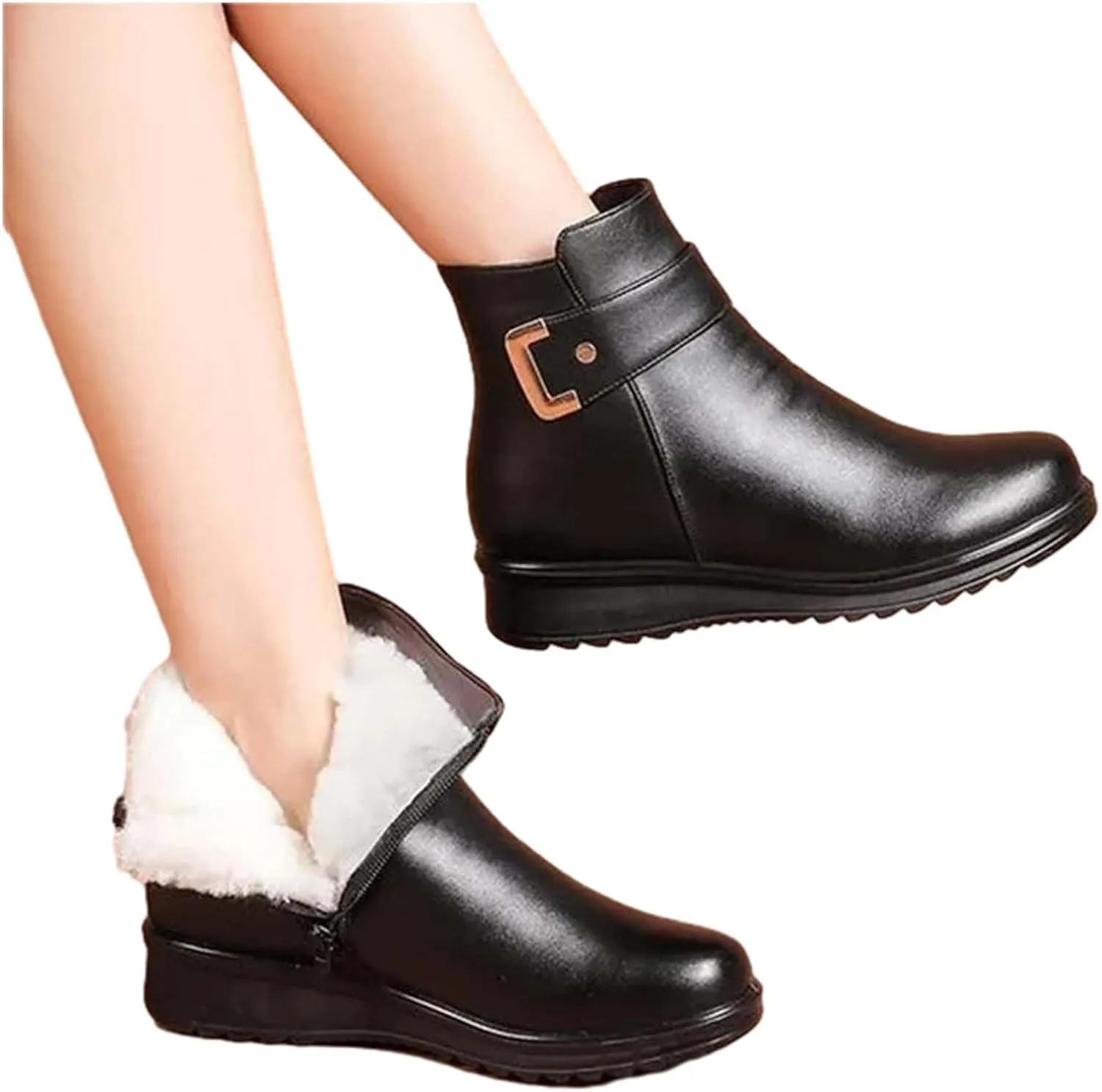 Ankle Boots for Women Waterproof Leahter Warm Fur Lined Snow Boots Lace Up Zipper Lightweight Comfort Winter Booties