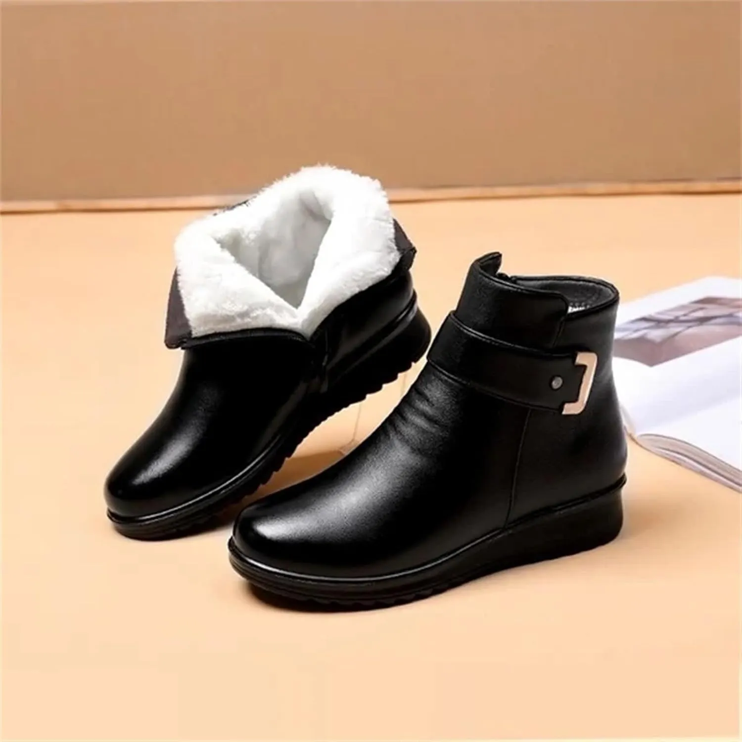 Ankle Boots for Women Waterproof Leahter Warm Fur Lined Snow Boots Lace Up Zipper Lightweight Comfort Winter Booties