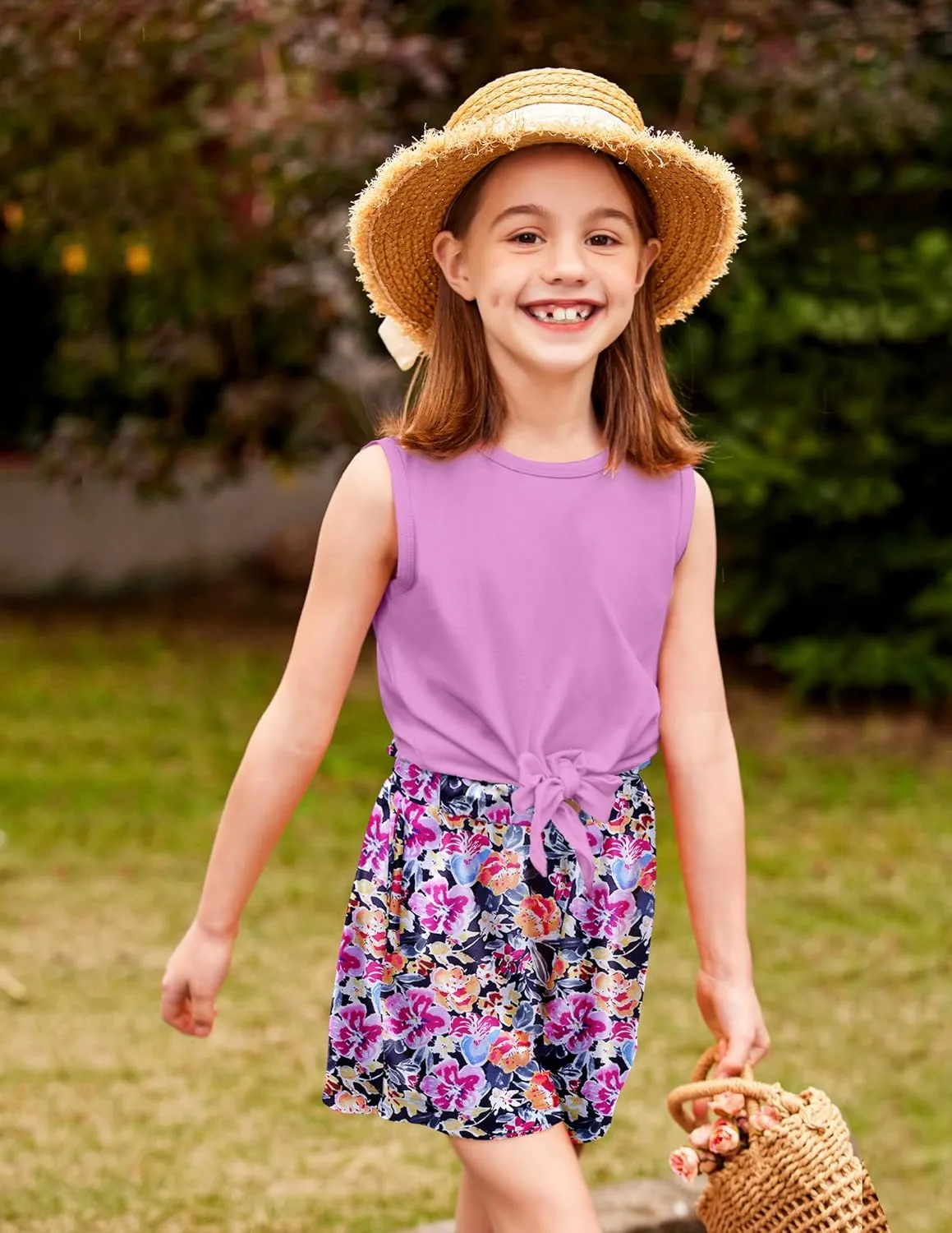 Arshiner Girl's 2 Piece Outfits Tie Knot Tank Top and Paperbag Waist Pocketed Summer Short Sets