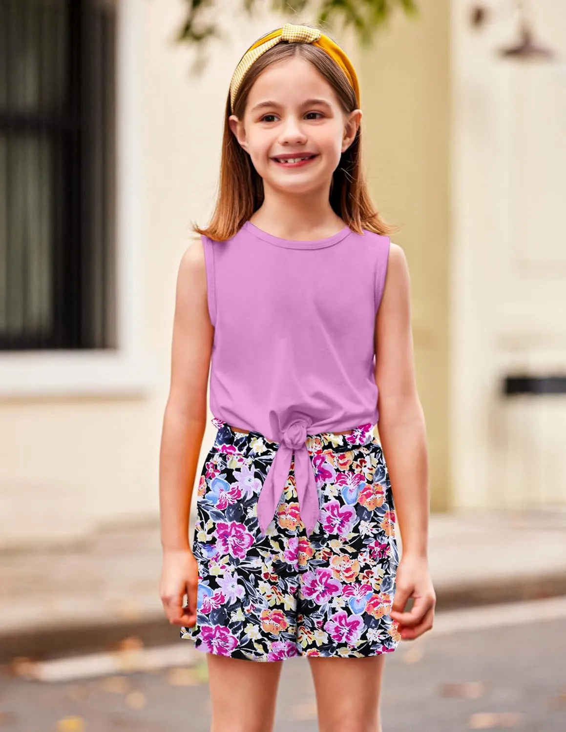 Arshiner Girl's 2 Piece Outfits Tie Knot Tank Top and Paperbag Waist Pocketed Summer Short Sets