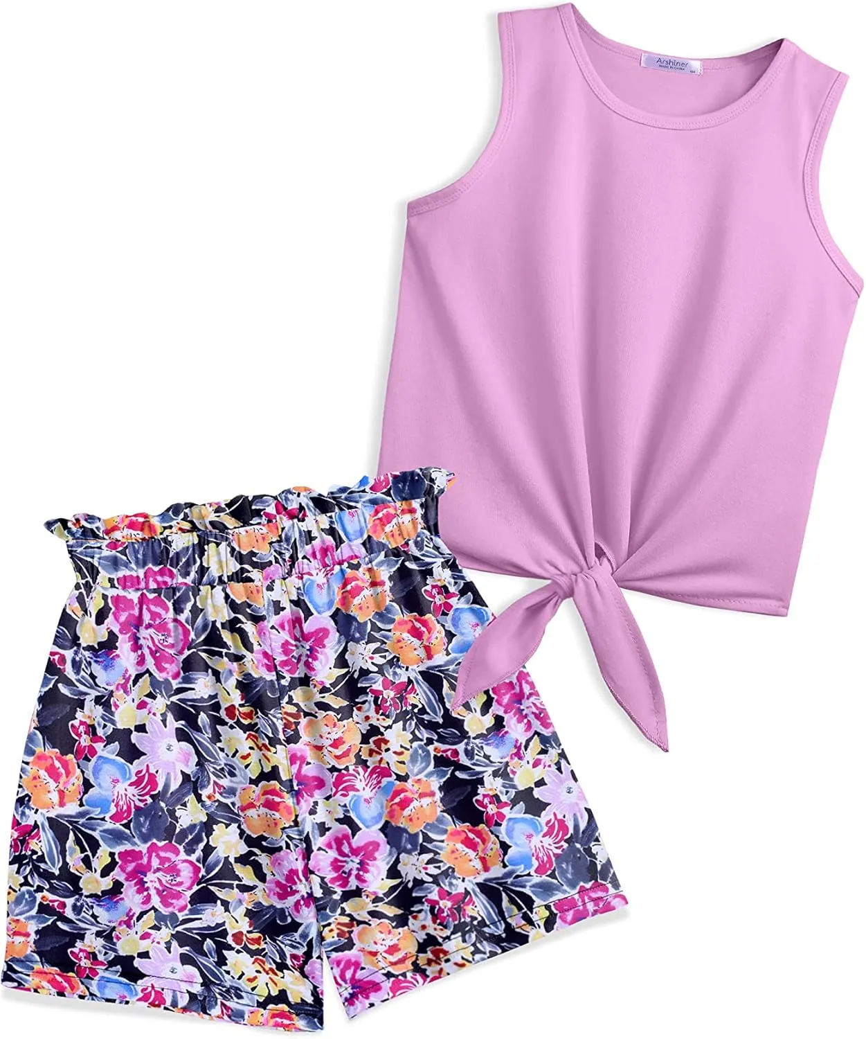 Arshiner Girl's 2 Piece Outfits Tie Knot Tank Top and Paperbag Waist Pocketed Summer Short Sets