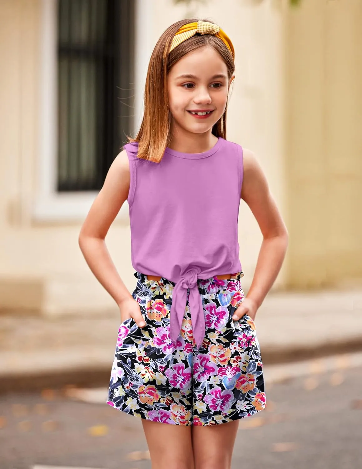Arshiner Girl's 2 Piece Outfits Tie Knot Tank Top and Paperbag Waist Pocketed Summer Short Sets