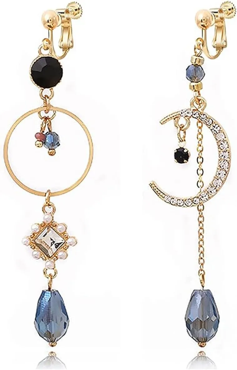 Asymmetrical Sun and Moon Earrings Gold Long Boho Earrings Dangling Chain Drops Bohemian Statement Earrings