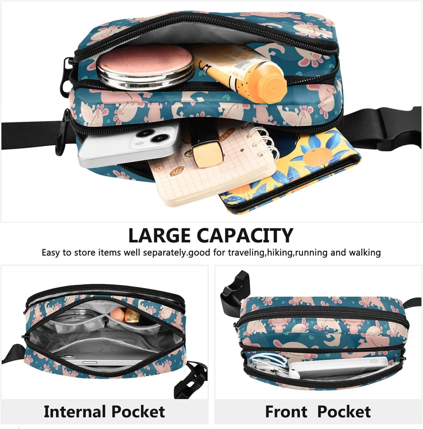 Axolotl Kawaii Amphibian Women Fanny Packs Waterproof Belt Bag Hip Pouch Cute Crossbody Waist Pack