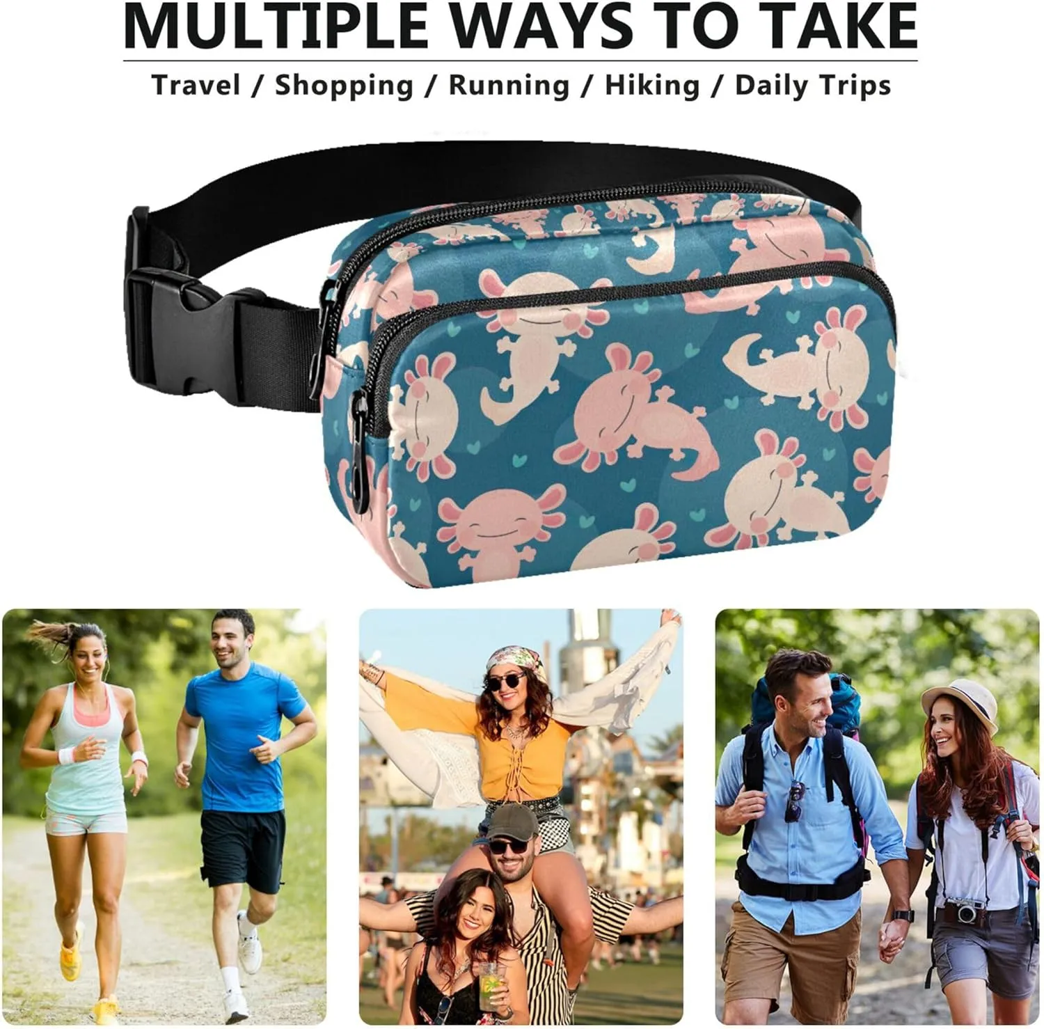 Axolotl Kawaii Amphibian Women Fanny Packs Waterproof Belt Bag Hip Pouch Cute Crossbody Waist Pack
