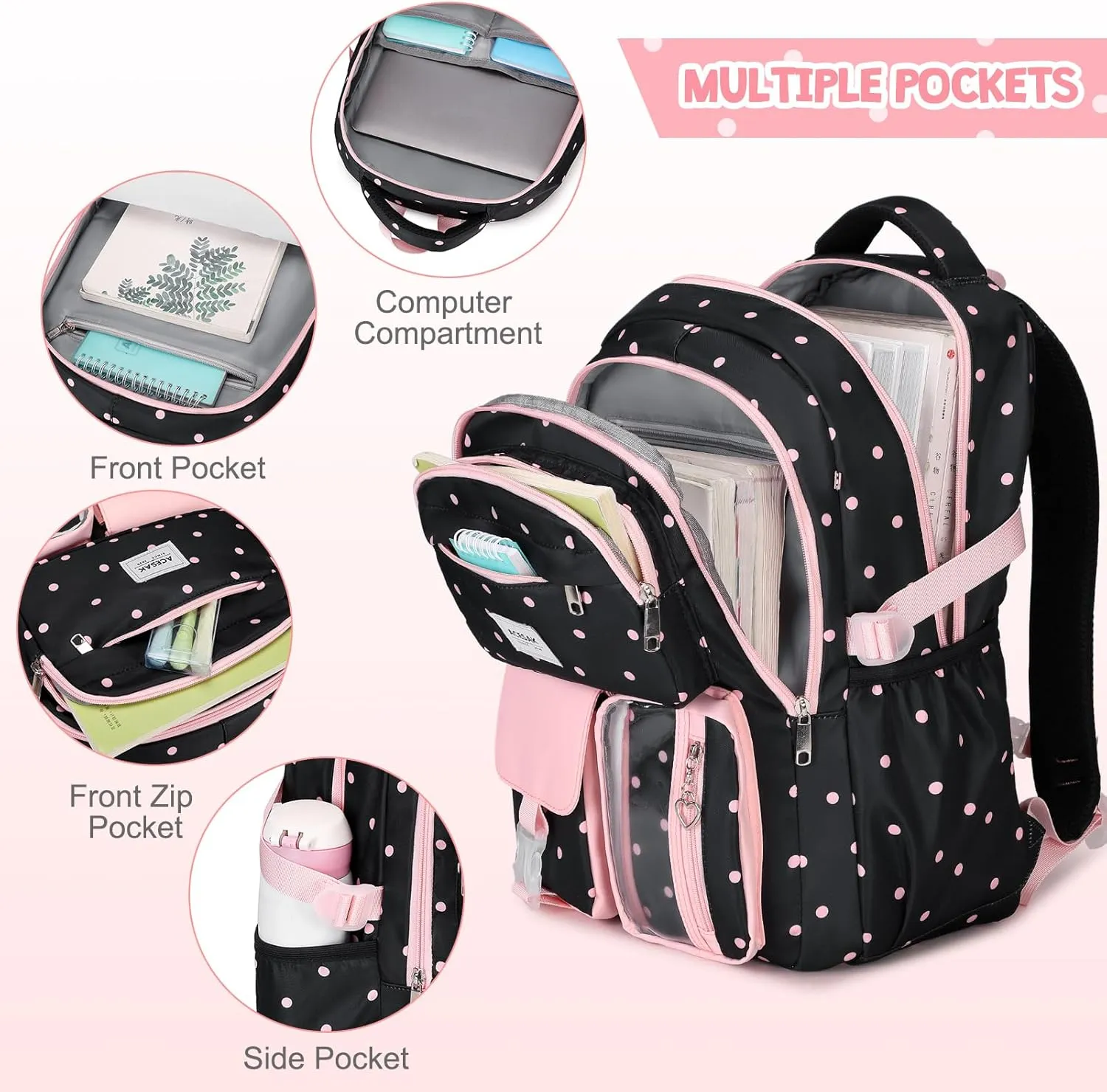 Backpack for Girls - Girls Backpack with Lunch Bag & Pencil Pouch for Teen Girls Kids Laptop Backpack for Women, Elementary Middle High School Bookbag Travel Daypack (Black Dots)