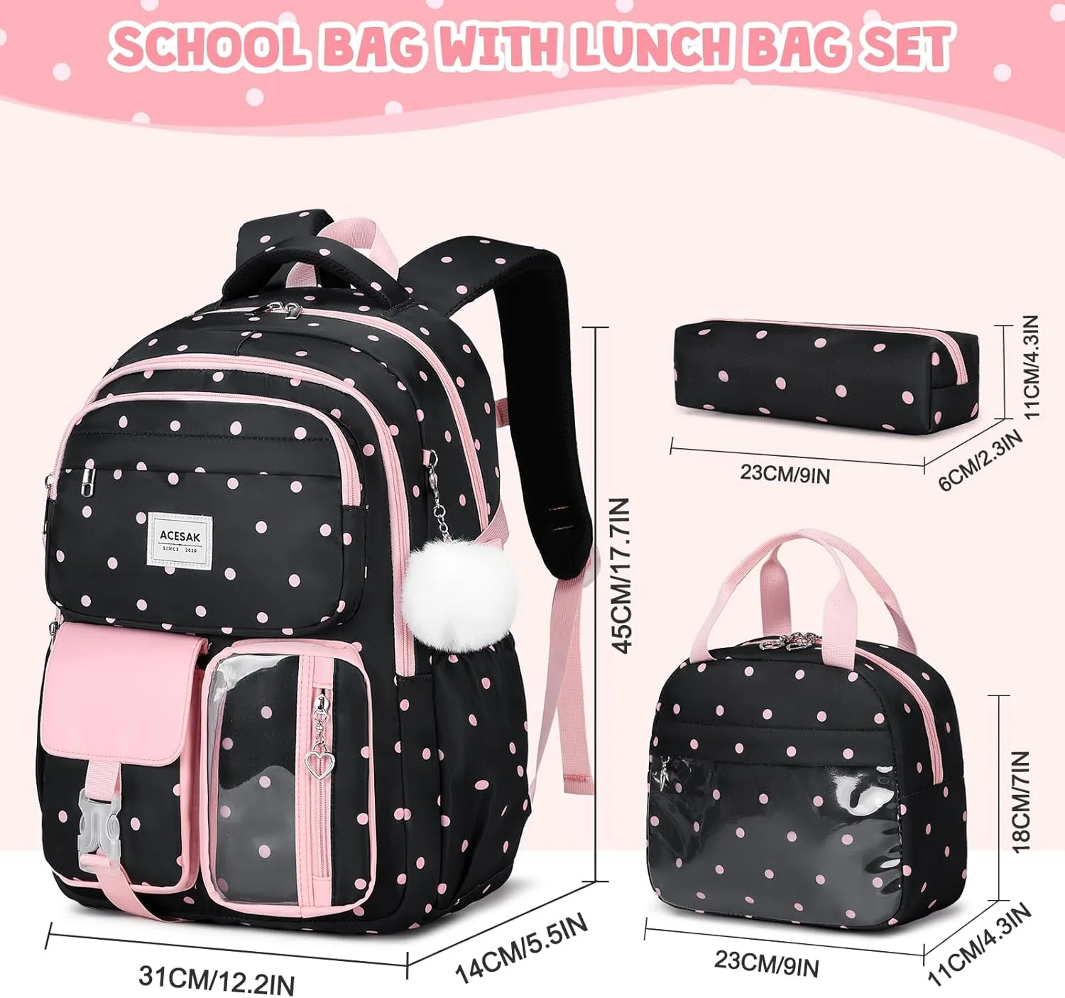 Backpack for Girls - Girls Backpack with Lunch Bag & Pencil Pouch for Teen Girls Kids Laptop Backpack for Women, Elementary Middle High School Bookbag Travel Daypack (Black Dots)