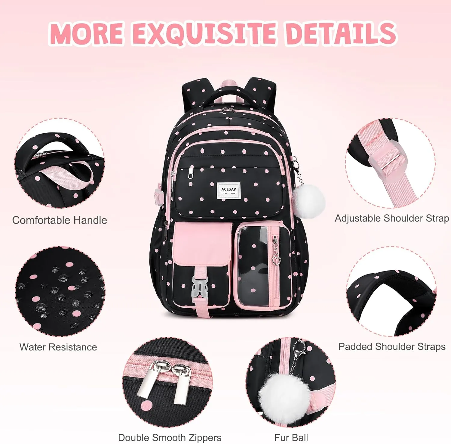 Backpack for Girls - Girls Backpack with Lunch Bag & Pencil Pouch for Teen Girls Kids Laptop Backpack for Women, Elementary Middle High School Bookbag Travel Daypack (Black Dots)