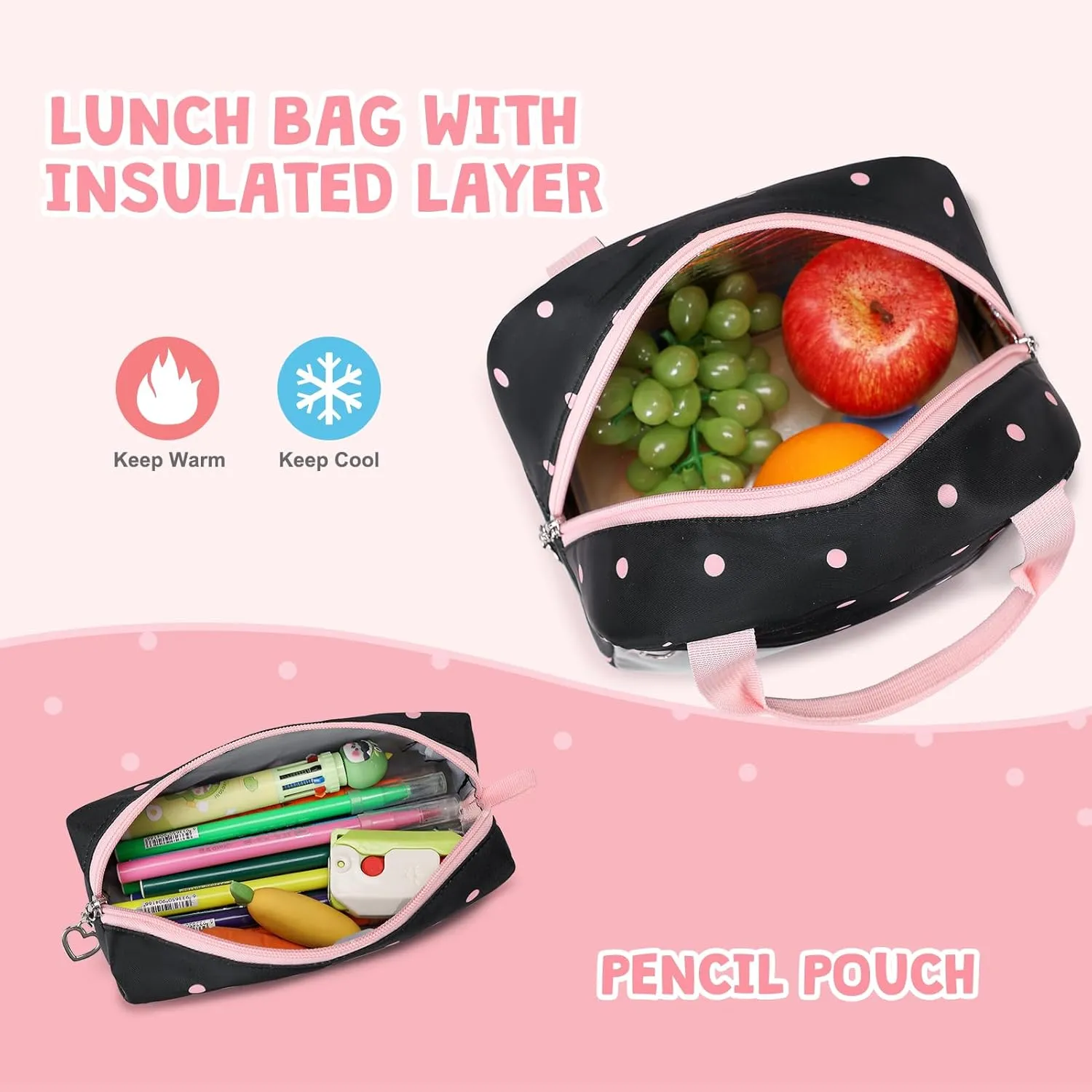 Backpack for Girls - Girls Backpack with Lunch Bag & Pencil Pouch for Teen Girls Kids Laptop Backpack for Women, Elementary Middle High School Bookbag Travel Daypack (Black Dots)