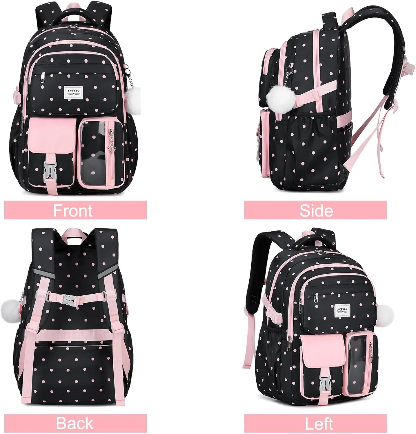 Backpack for Girls - Girls Backpack with Lunch Bag & Pencil Pouch for Teen Girls Kids Laptop Backpack for Women, Elementary Middle High School Bookbag Travel Daypack (Black Dots)