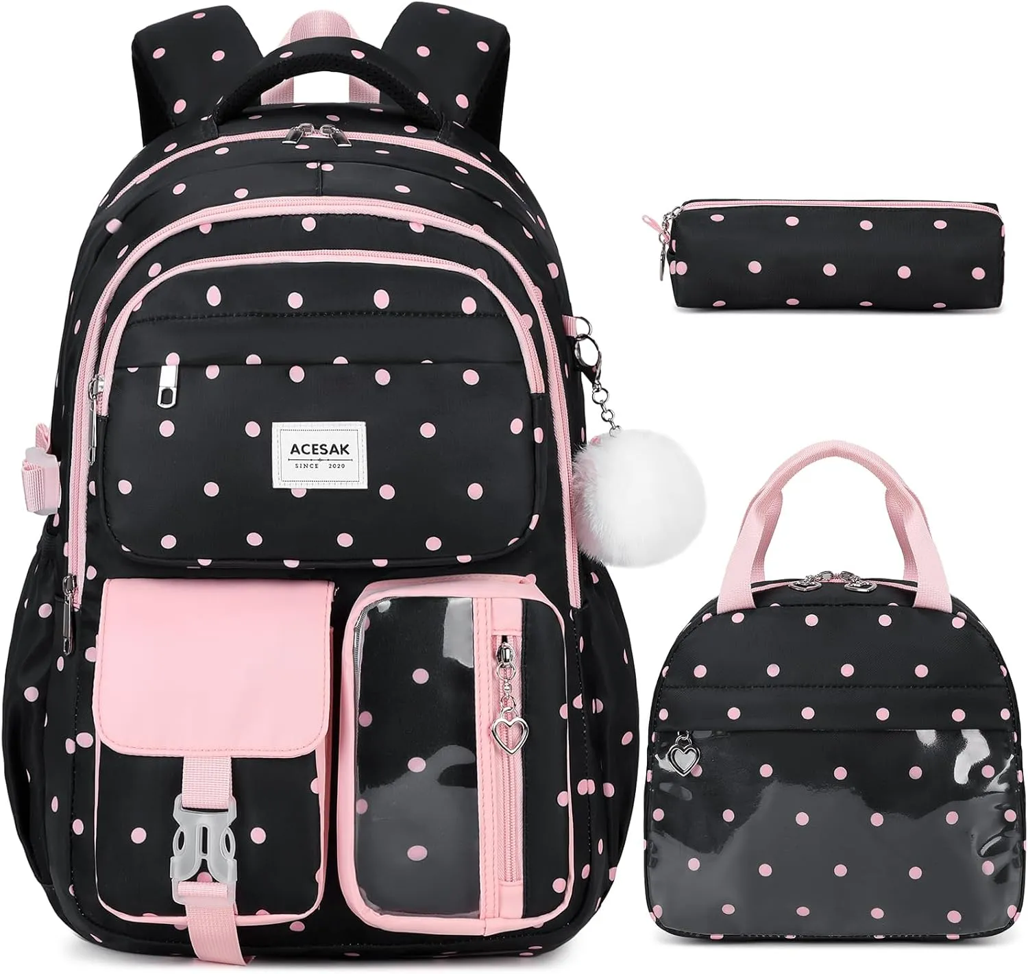 Backpack for Girls - Girls Backpack with Lunch Bag & Pencil Pouch for Teen Girls Kids Laptop Backpack for Women, Elementary Middle High School Bookbag Travel Daypack (Black Dots)