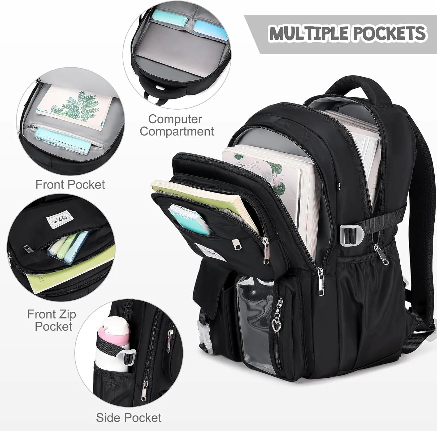 Backpack for Girls - Girls Backpack with Lunch Bag & Pencil Pouch for Teen Girls Kids Laptop Backpack for Women, Elementary Middle High School Bookbag Travel Daypack (Black)