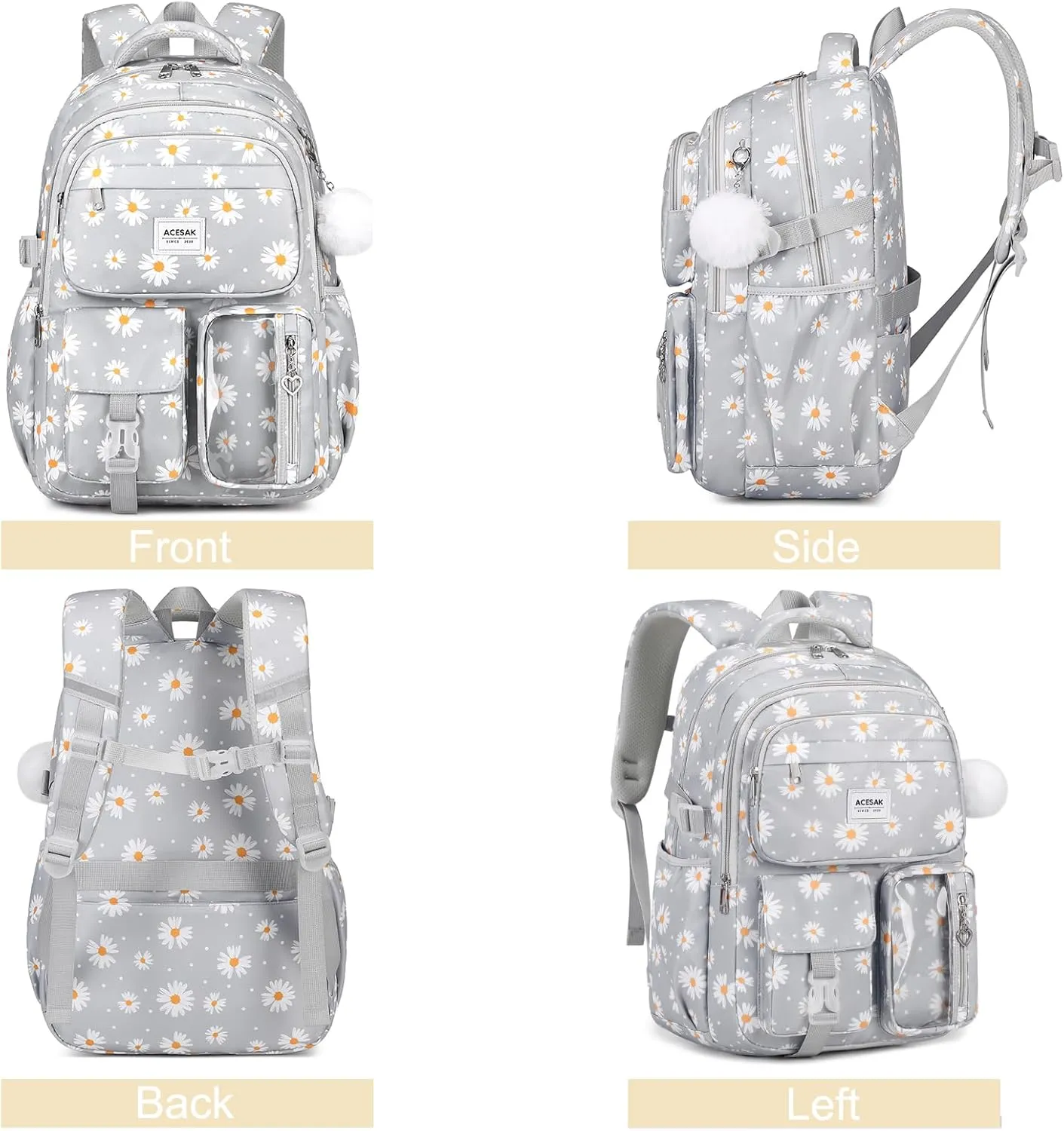 Backpack for Girls - Girls Backpack with Lunch Bag & Pencil Pouch for Teen Girls Kids Laptop Backpack for Women, Elementary Middle High School Bookbag Travel Daypack (Gray Daisy)