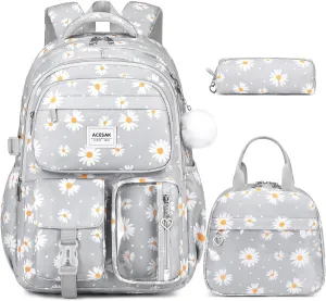 Backpack for Girls - Girls Backpack with Lunch Bag & Pencil Pouch for Teen Girls Kids Laptop Backpack for Women, Elementary Middle High School Bookbag Travel Daypack (Gray Daisy)