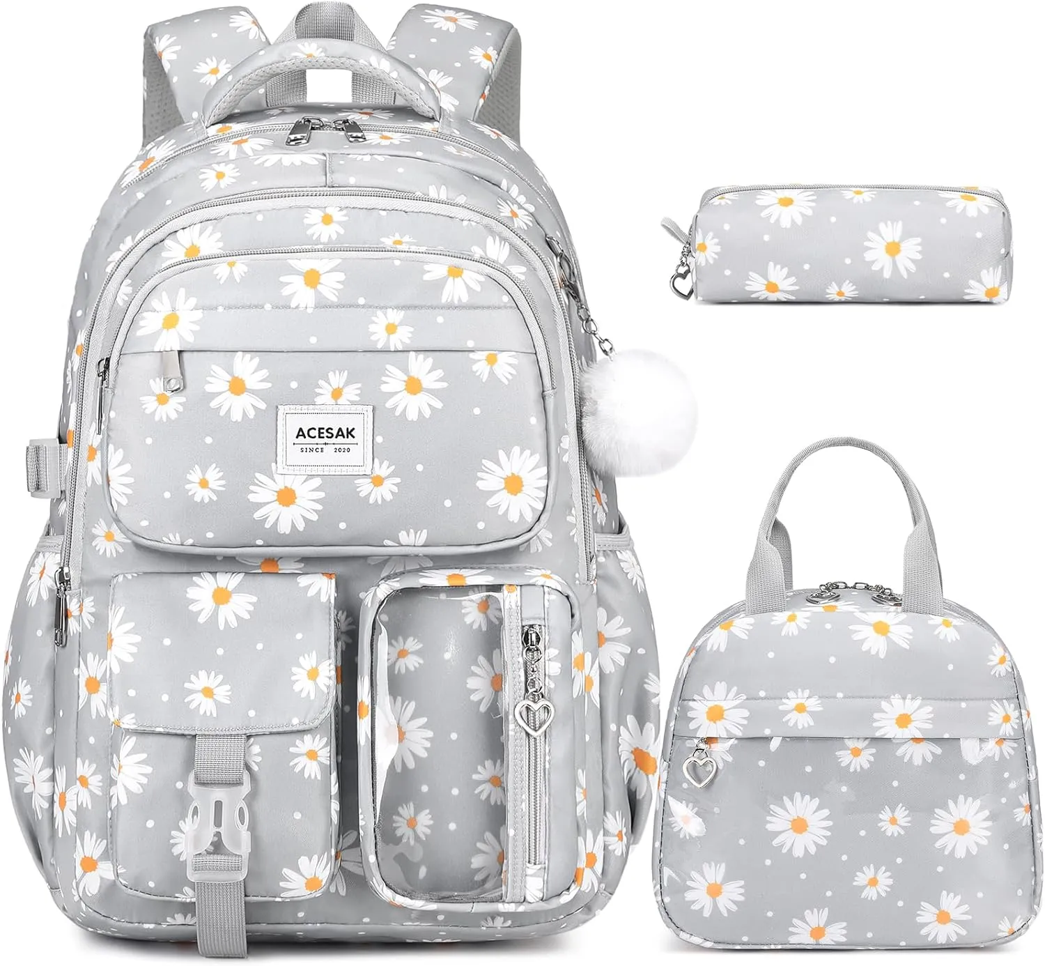 Backpack for Girls - Girls Backpack with Lunch Bag & Pencil Pouch for Teen Girls Kids Laptop Backpack for Women, Elementary Middle High School Bookbag Travel Daypack (Gray Daisy)