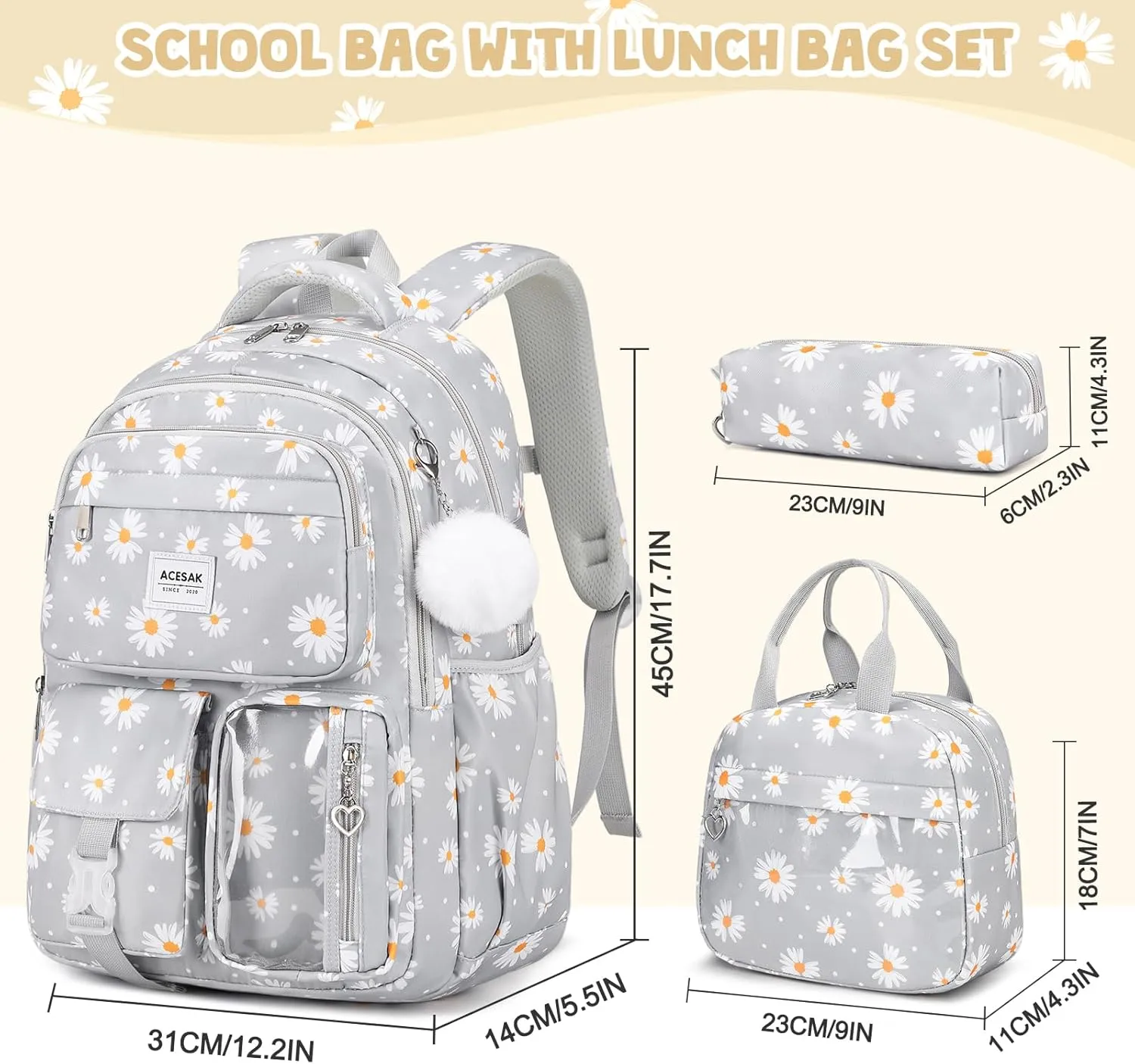 Backpack for Girls - Girls Backpack with Lunch Bag & Pencil Pouch for Teen Girls Kids Laptop Backpack for Women, Elementary Middle High School Bookbag Travel Daypack (Gray Daisy)